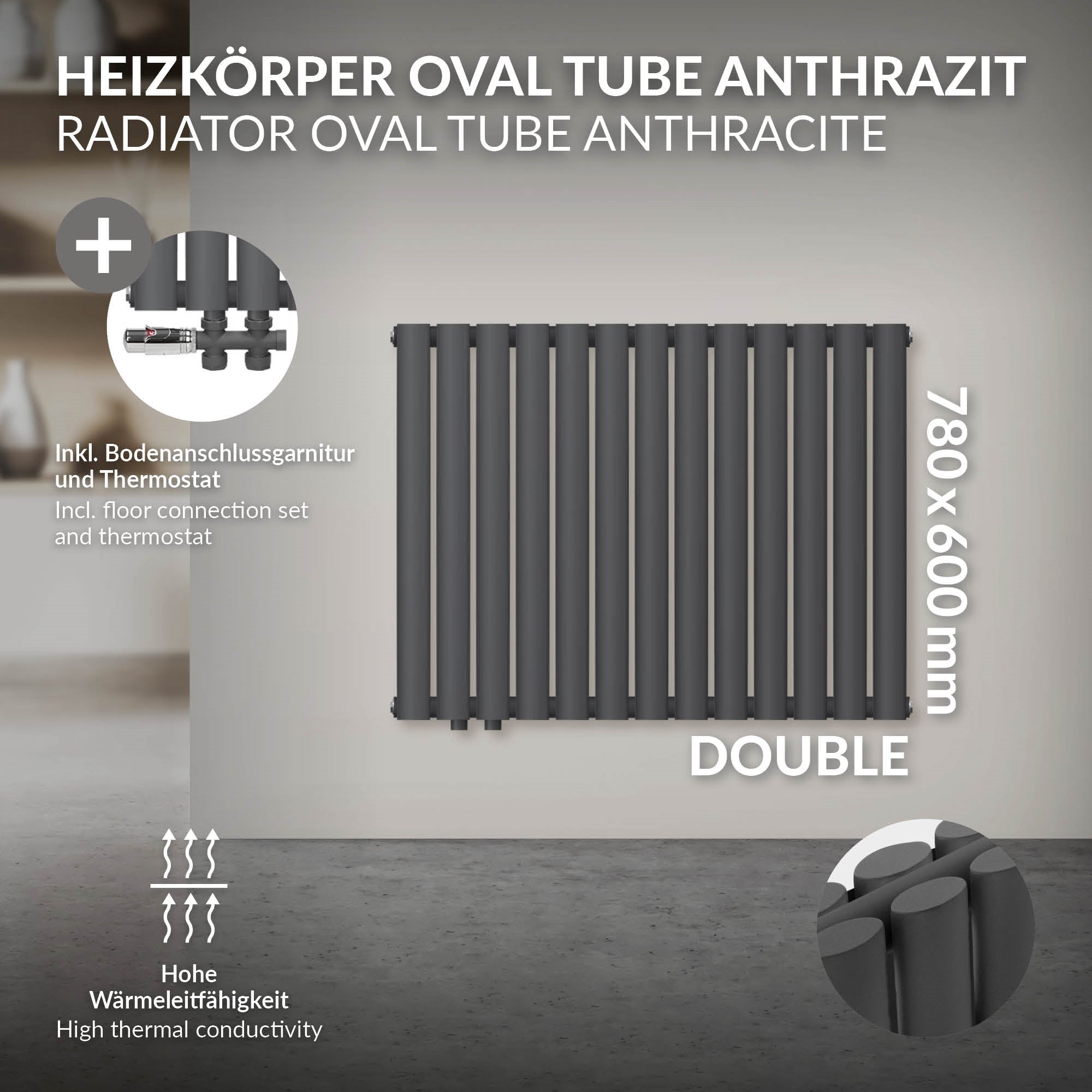 Dark gray radiator with oval tubes and technical details.