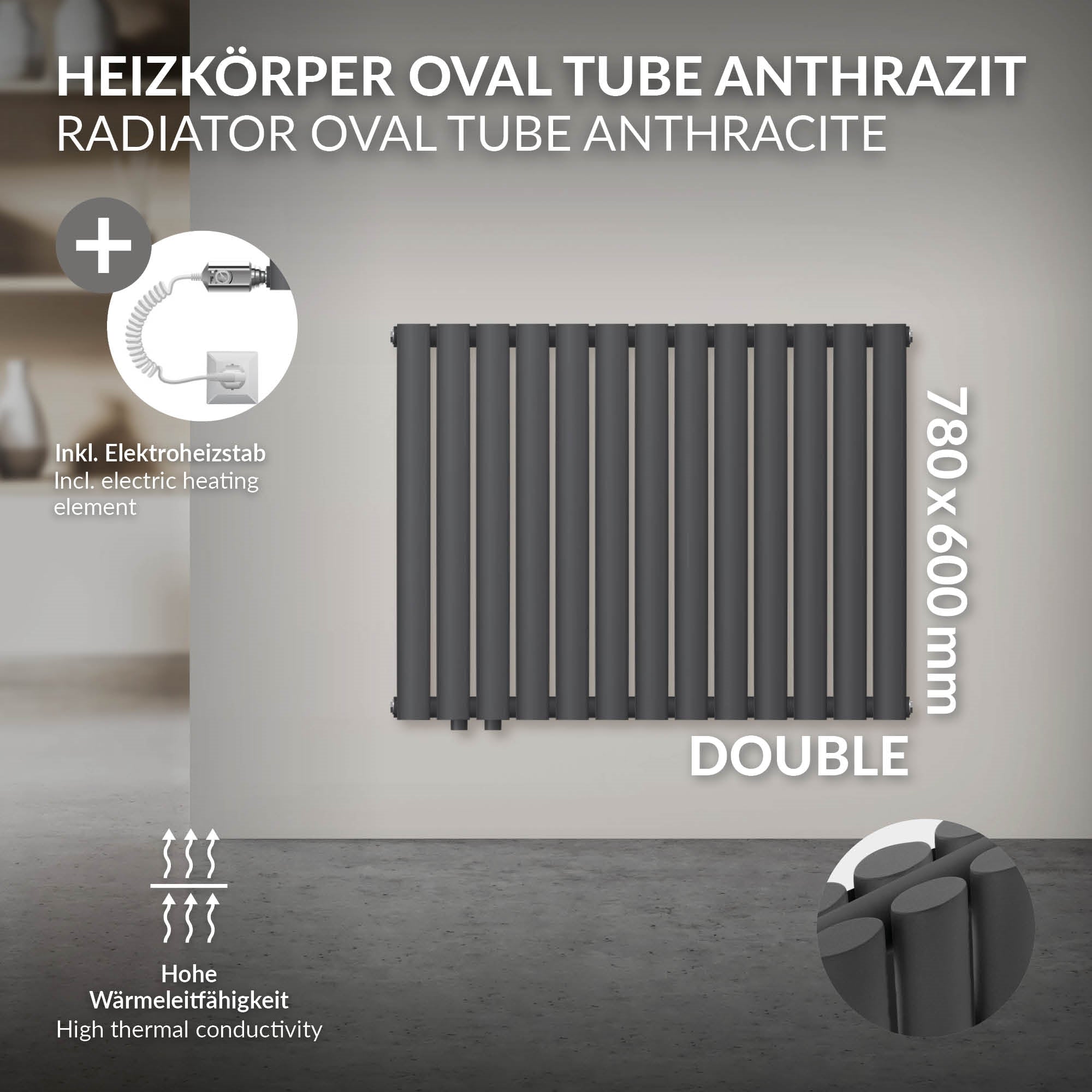 Anthrazitfarbener Heizkörper mit technischen Details und Maßen.
