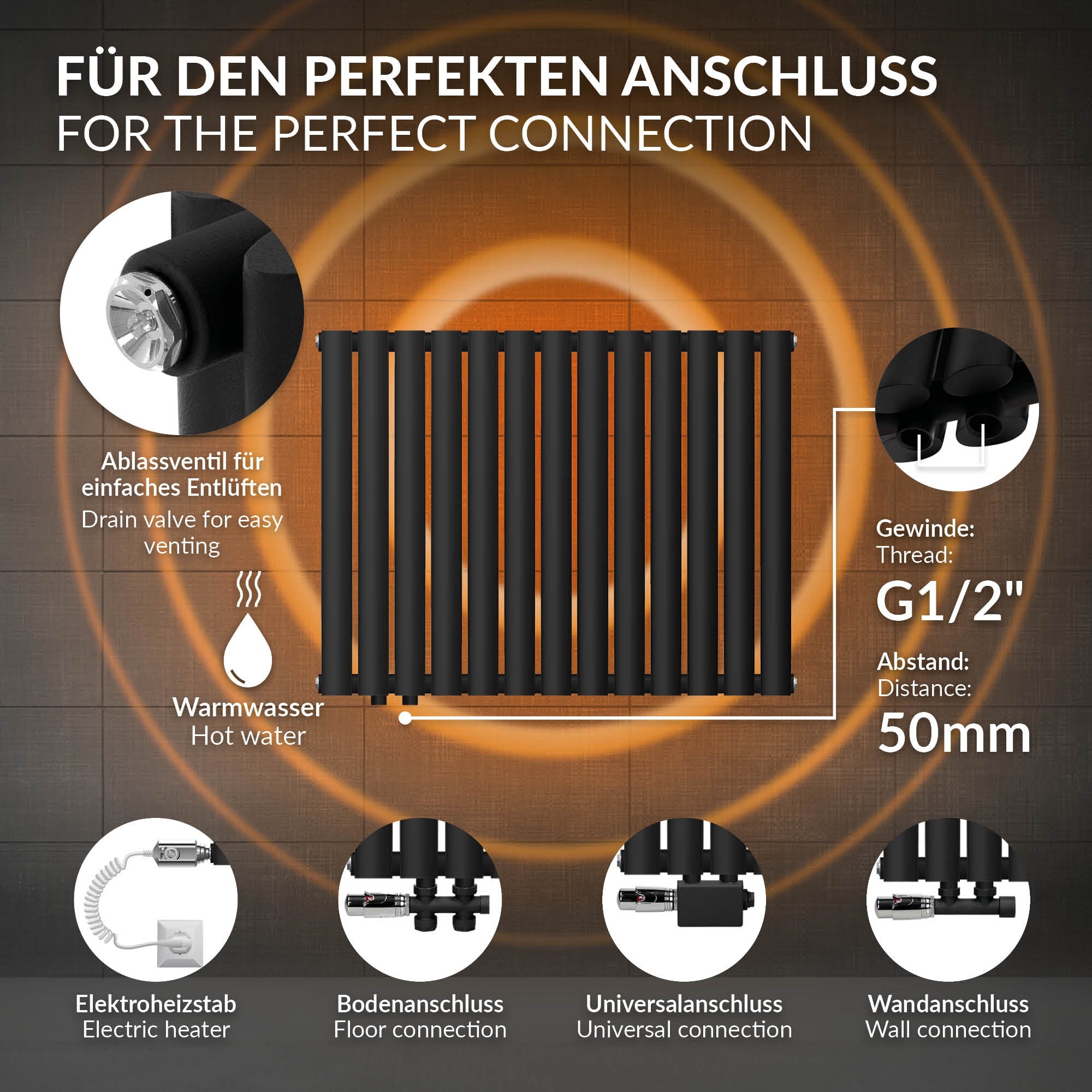 Zwarte radiator in een moderne ruimte, aan een muur.