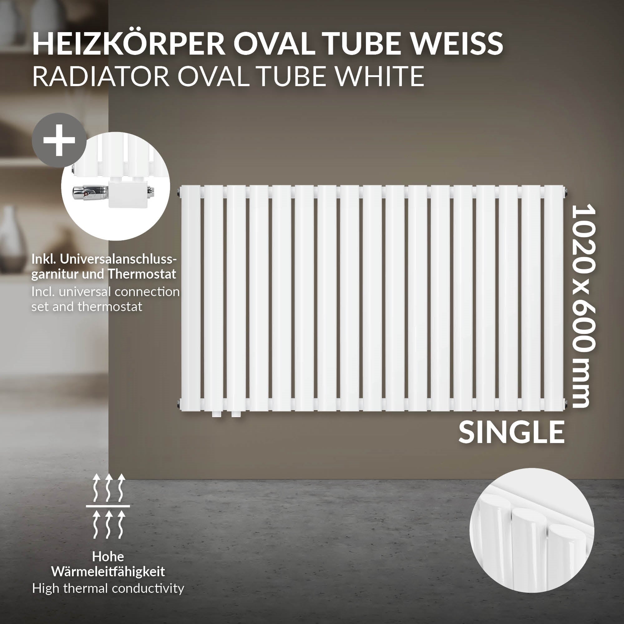 Radiatore bianco Oval Tube, 1020x600 mm, con attacco e termostato.