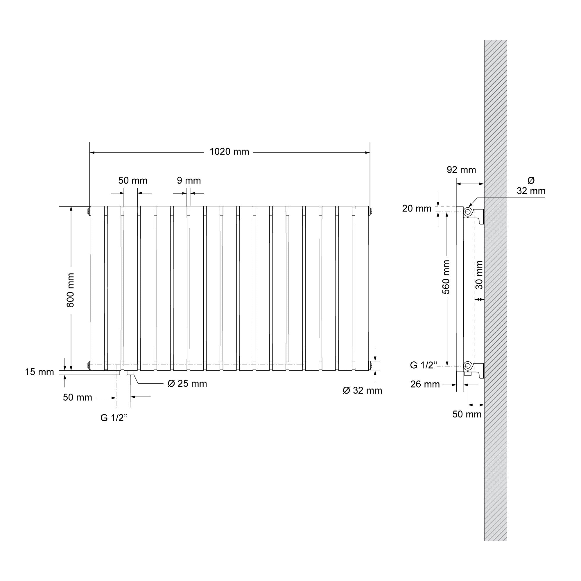 Disegno tecnico di un radiatore con misure e dettagli.