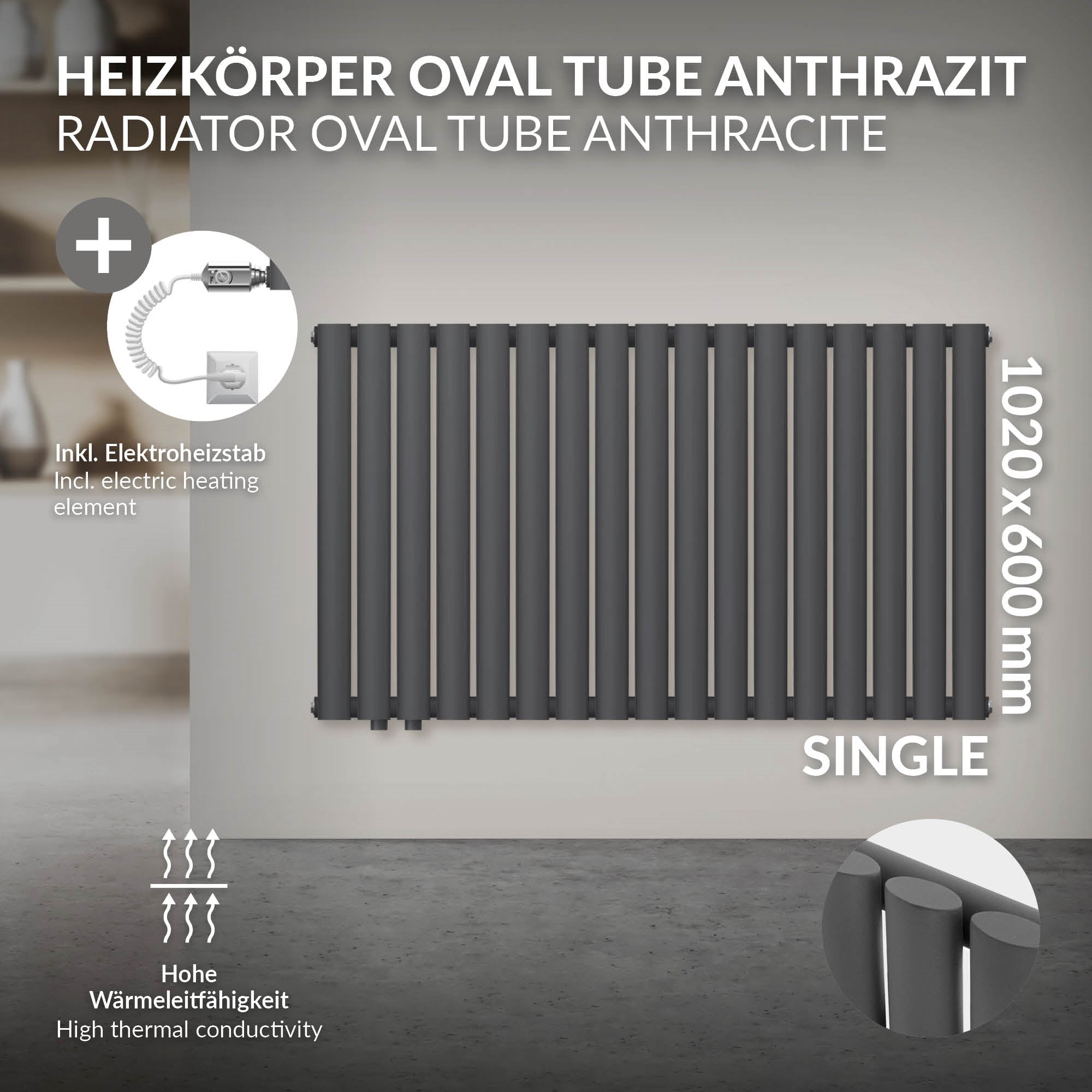 Antracitfarvet radiator med elektrisk varmelegeme, mål 1020x600 mm.