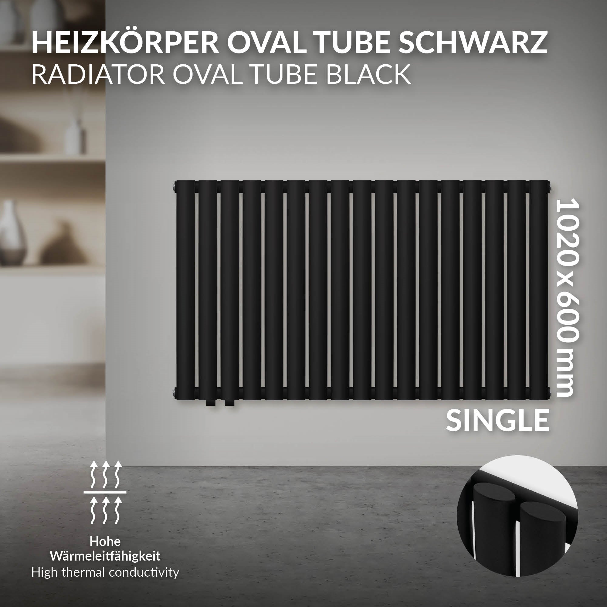 Radiateur noir sur un mur clair, avec détails techniques.