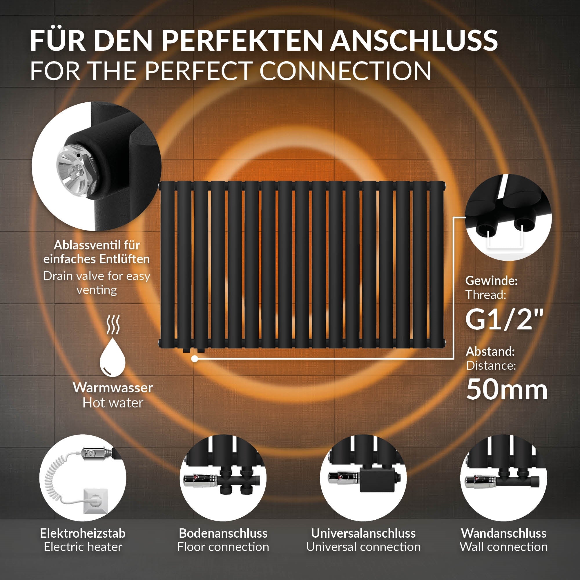 Radiateur noir sur un mur avec détails techniques.