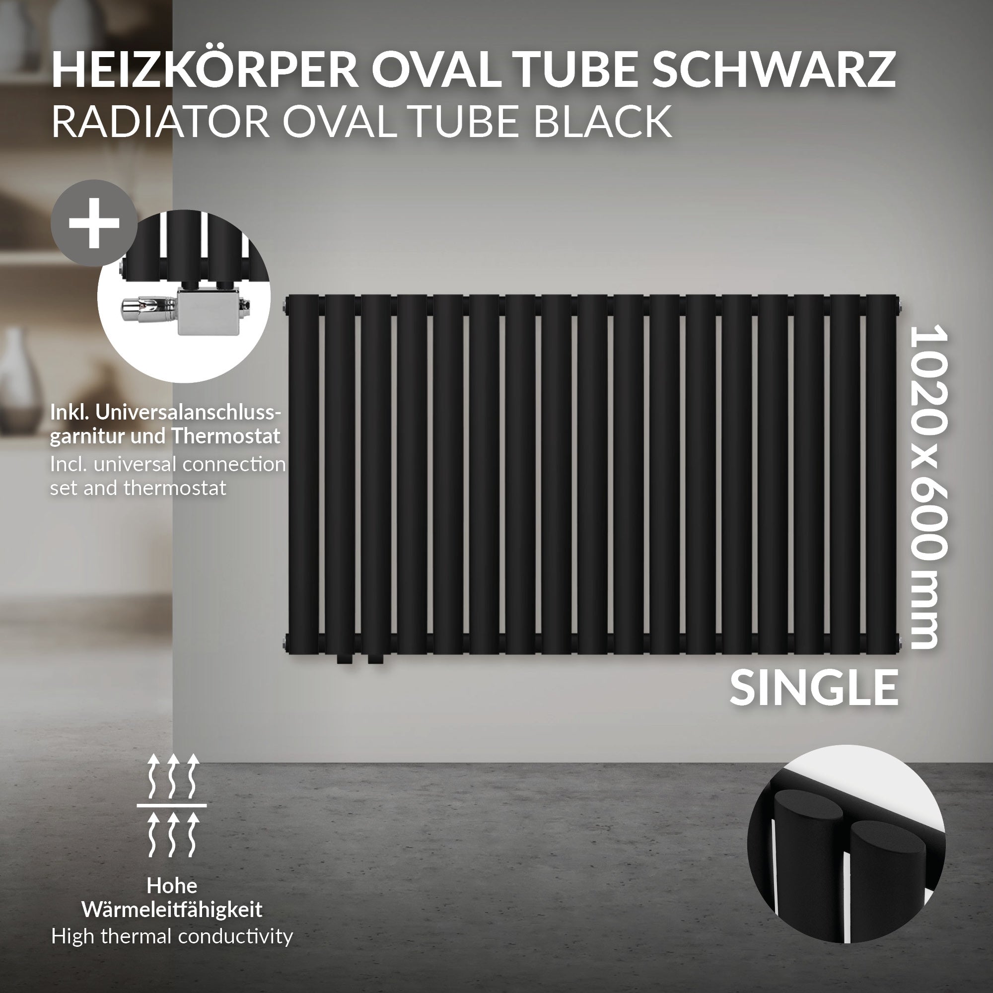 Schwarzer Heizkörper mit Chrom-Details an einer Wand.