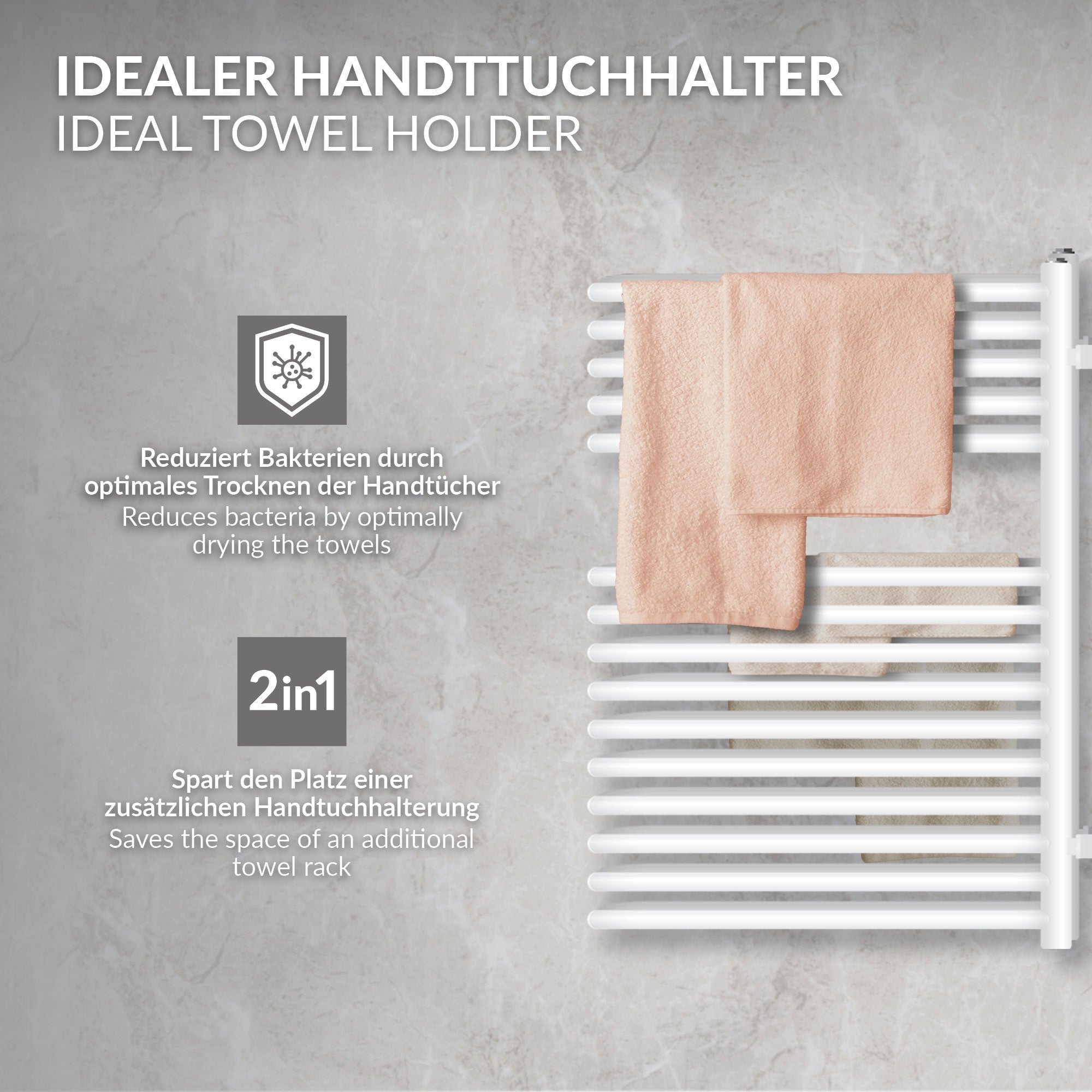 Weißer Handtuchheizkörper an einer Wand.