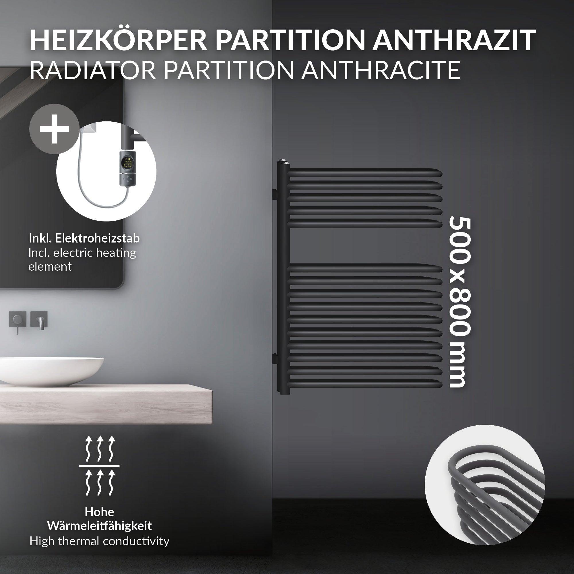 Radiatore in antracite con stufa elettrica e alta potenza termica.