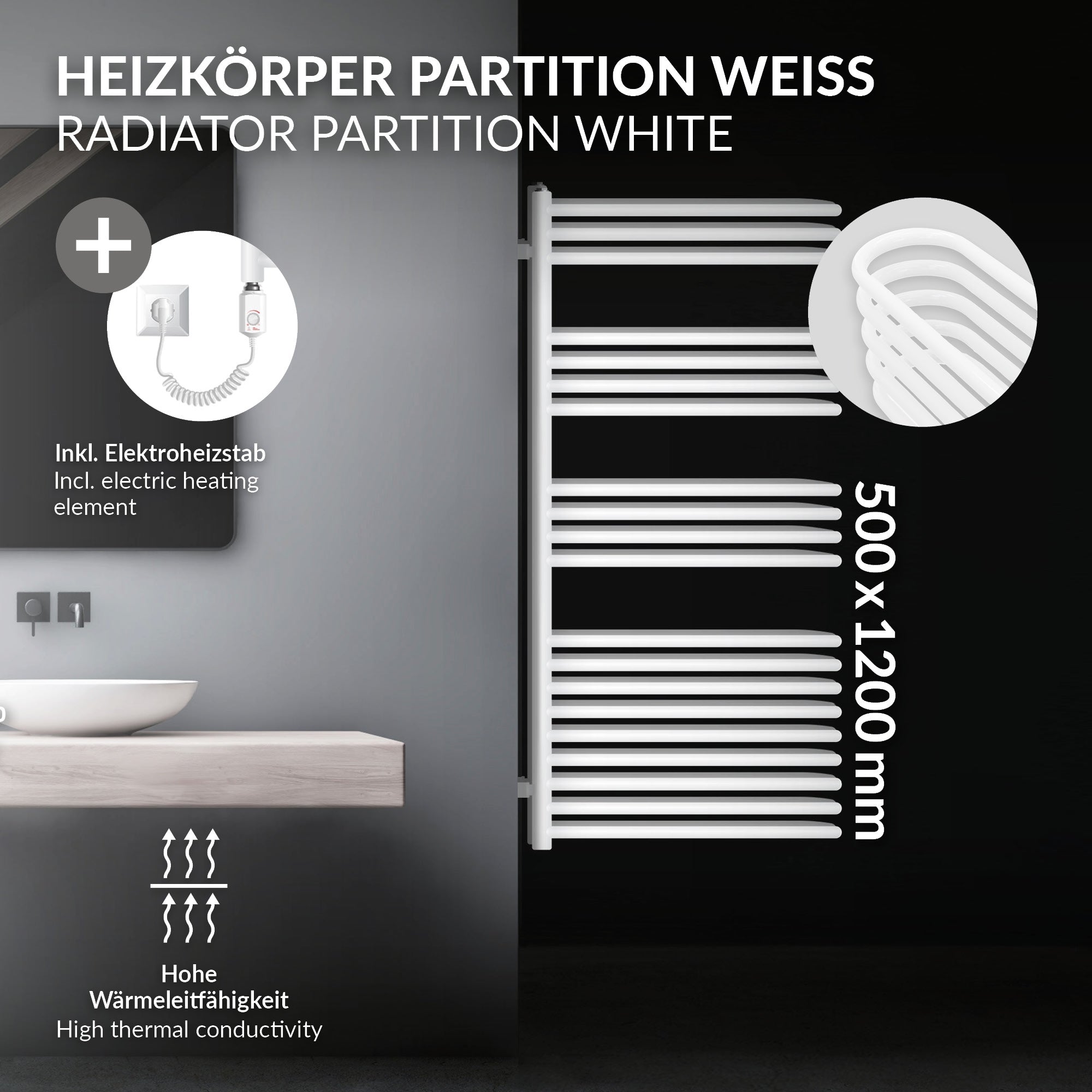 A white radiator with an electric heating element on a wall.