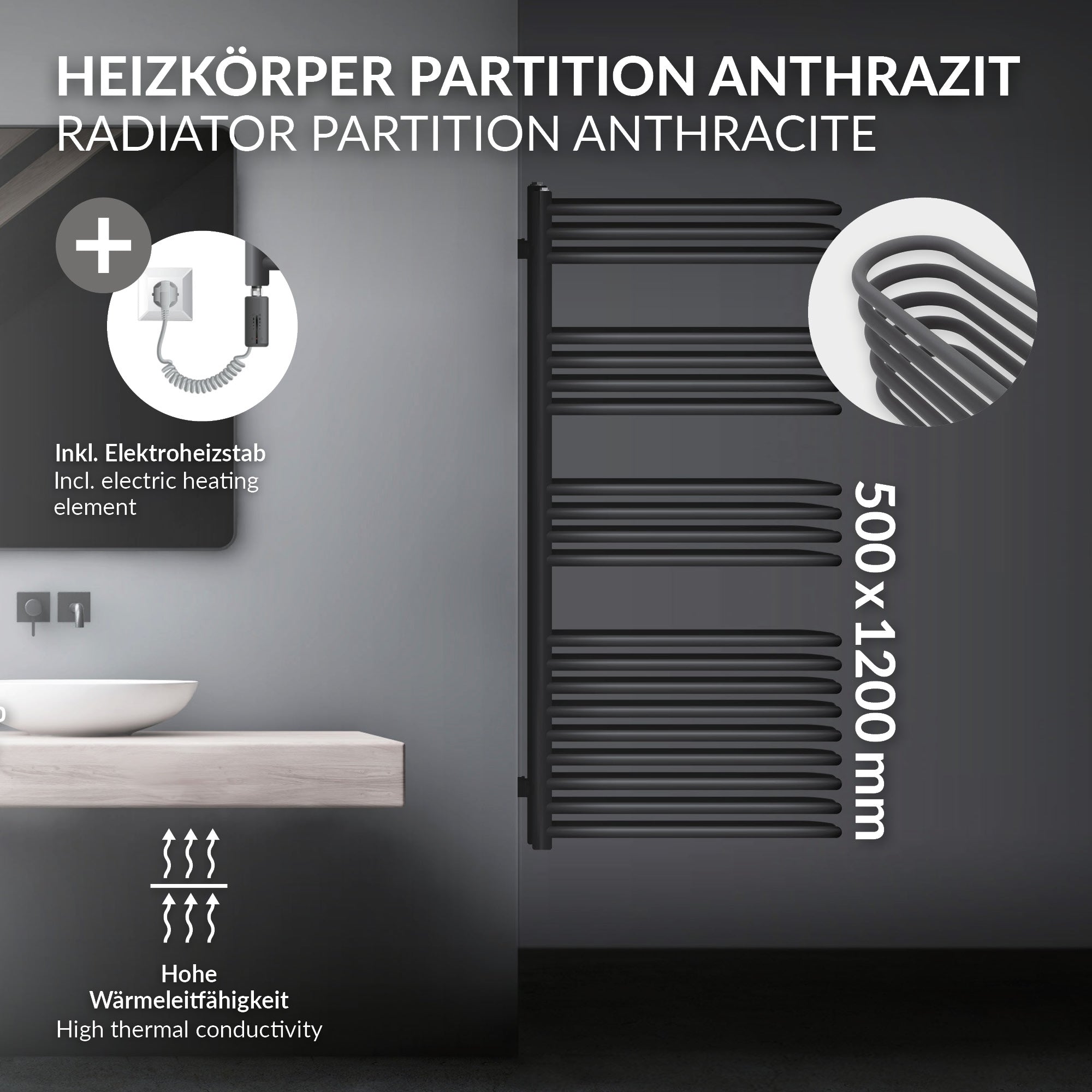 Antracit színű radiátor több vízszintes csővel, méretek 500x1200 mm.