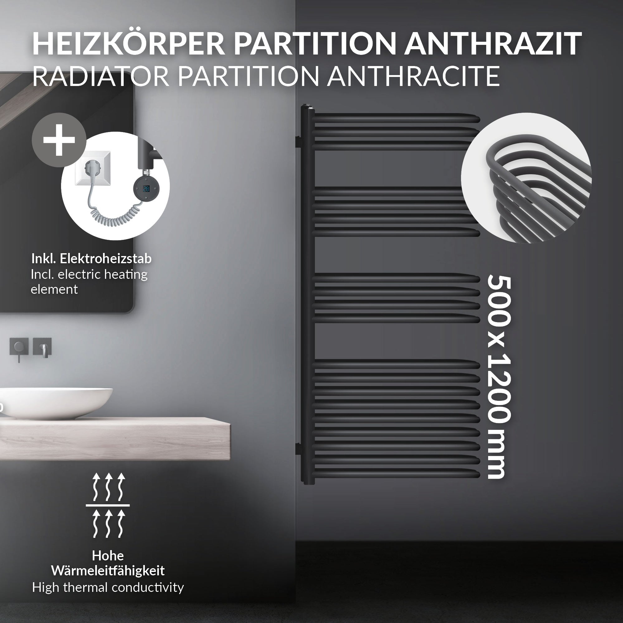 Antracit radiátor-partíció, méretek: 500x1200 mm, elektromos fűtőelemmel.