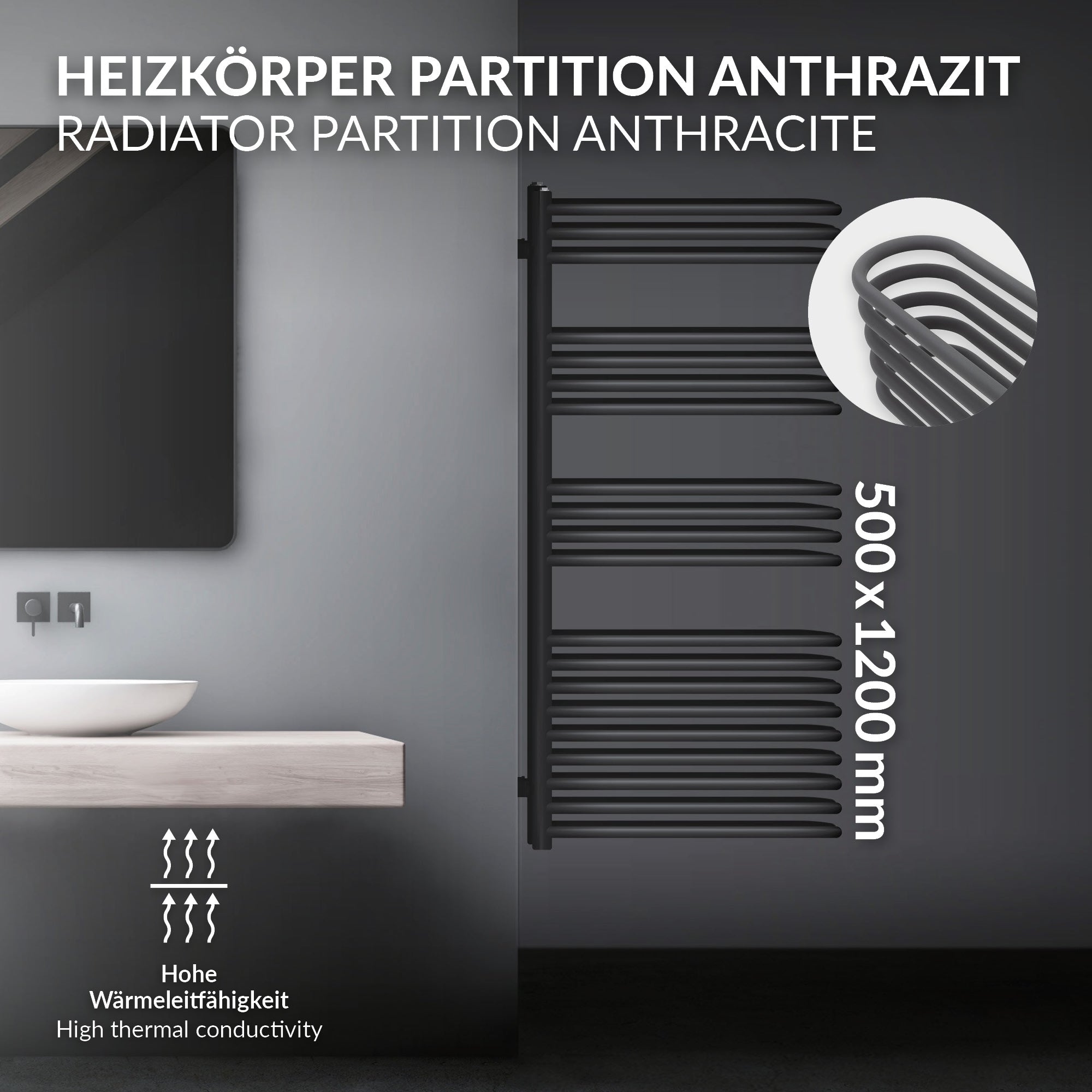 Anthracite radiator partition, dimensions 500x1200 mm, with electric heating element.
