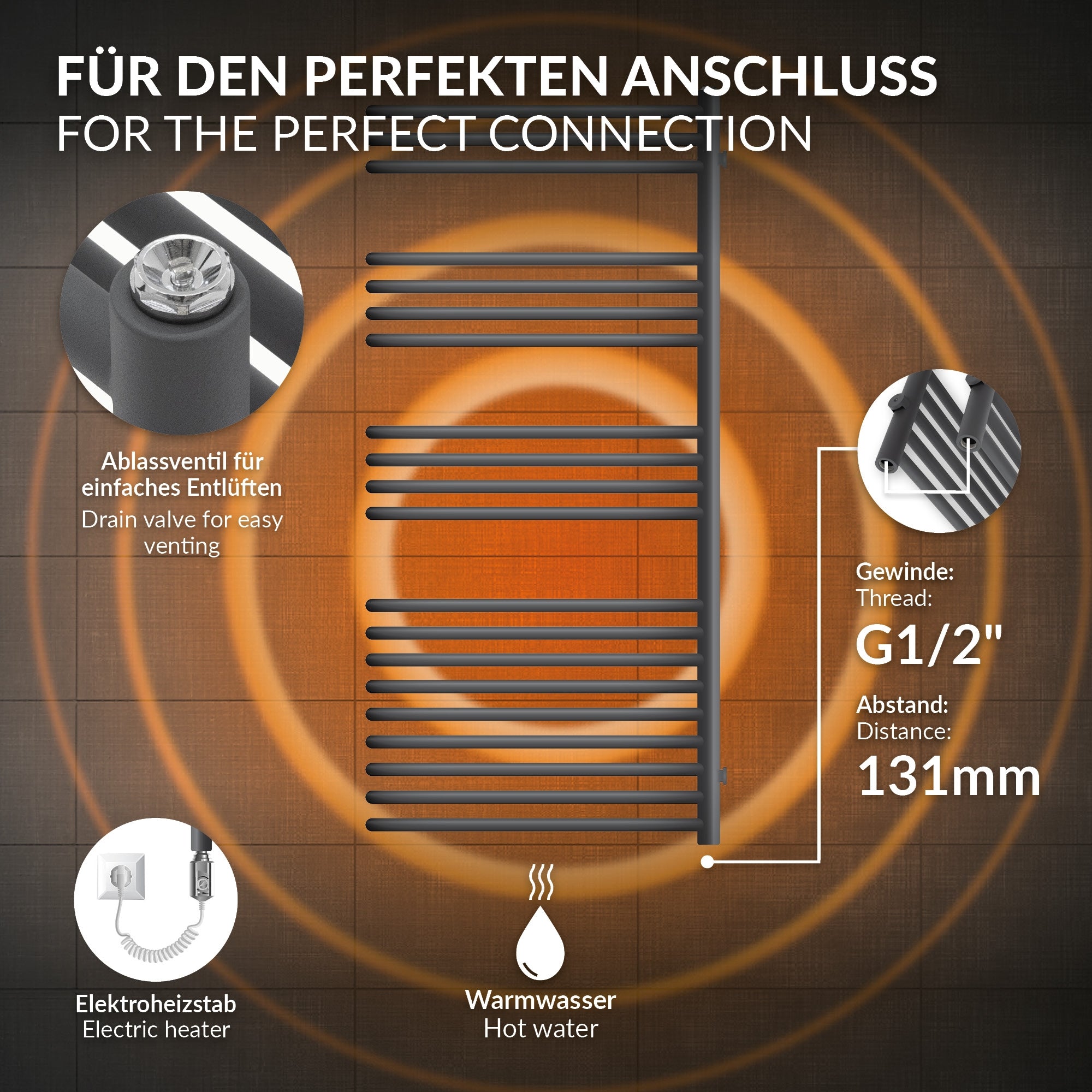 Antracit színű radiátor-partíció elektromos fűtőrúddal, méretek: 500x1200 mm.