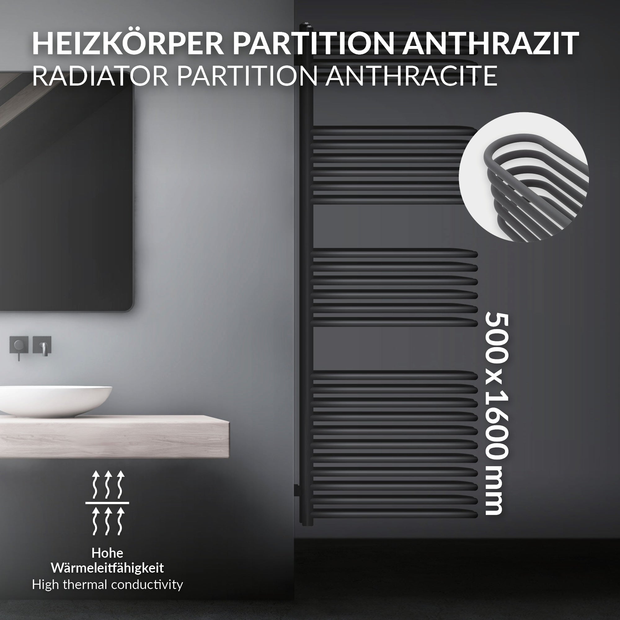 Antracitová radiátorová příčka s rozměry 500x1600 mm.