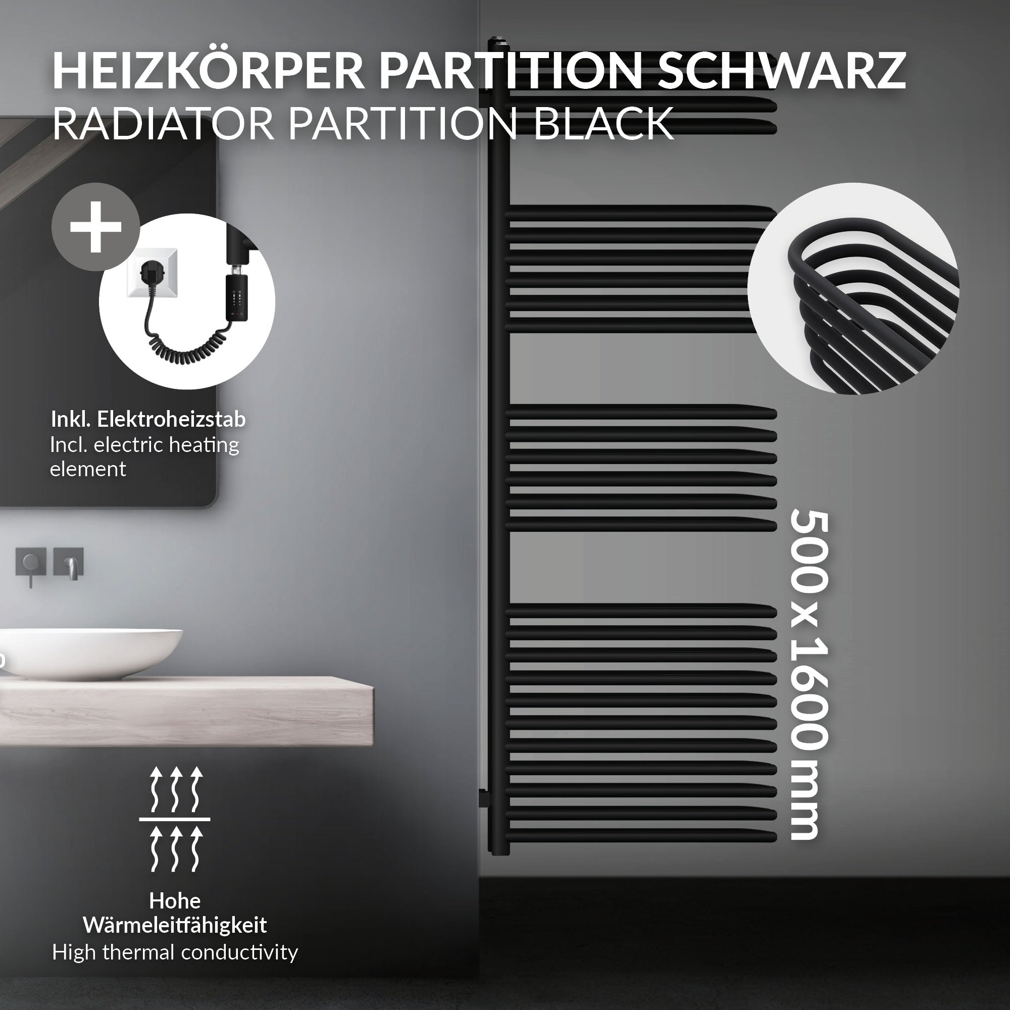 Partition de radiateur noire avec barre de chauffage électrique.