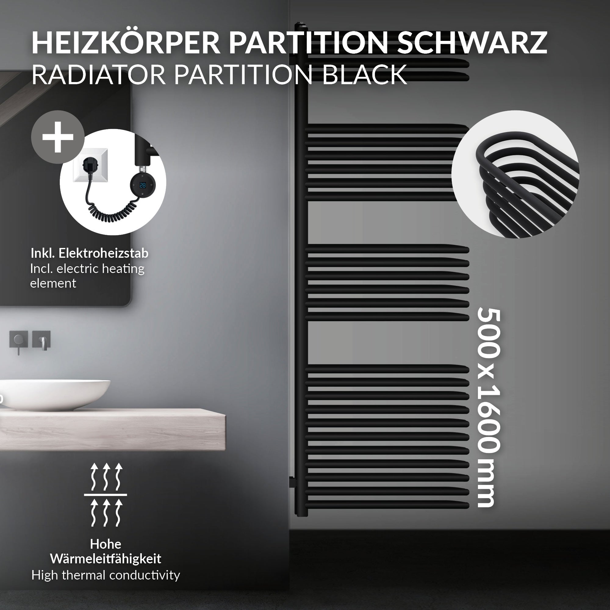 Heizkörperpartition in Schwarz mit elektrischem Heizelement.