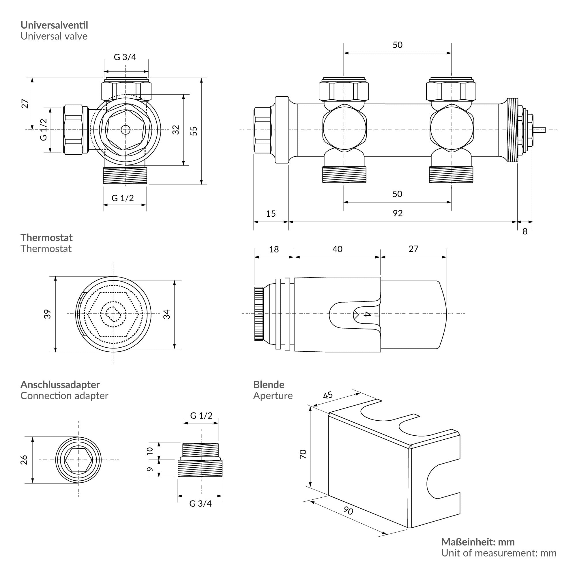 Technische Zeichnung mit Maßen von Ventilen und Adaptern.