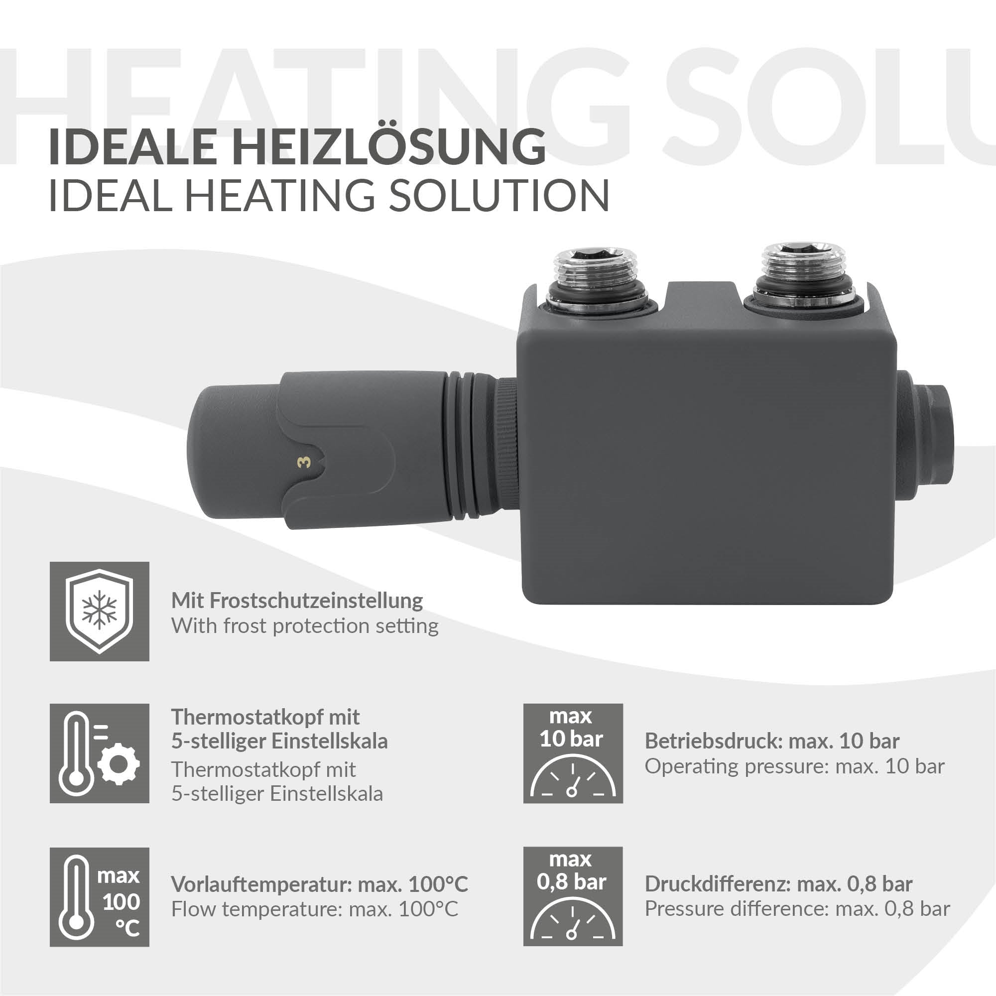 Thermostat head with technical details for the heating solution.