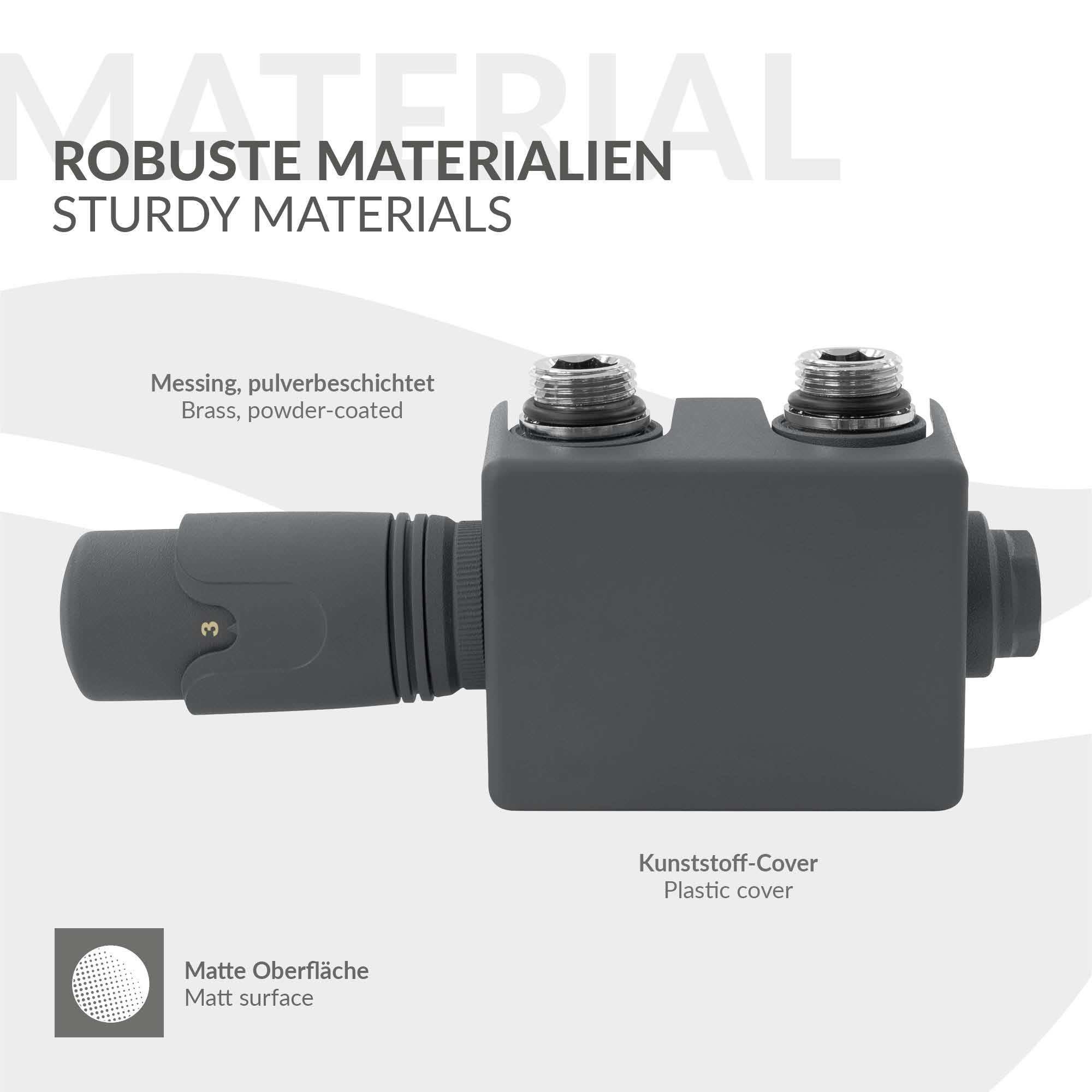 A gray plastic cover for a valve with two connections.