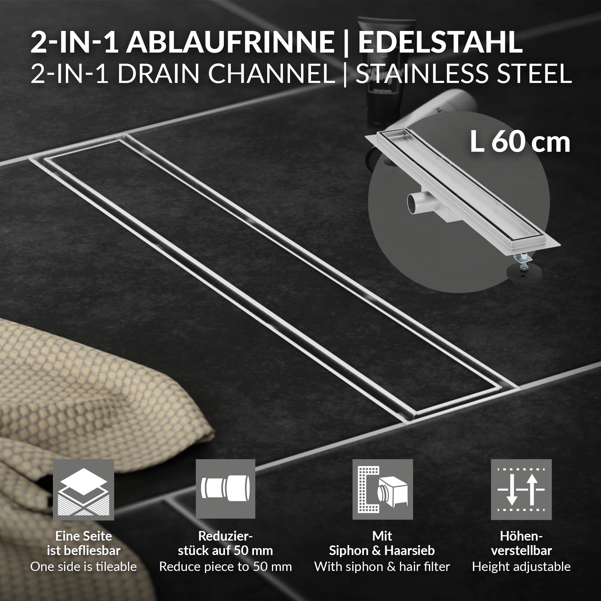 2-in-1 afvoergoot van roestvrij staal, 60 cm lang, met verschillende functies.