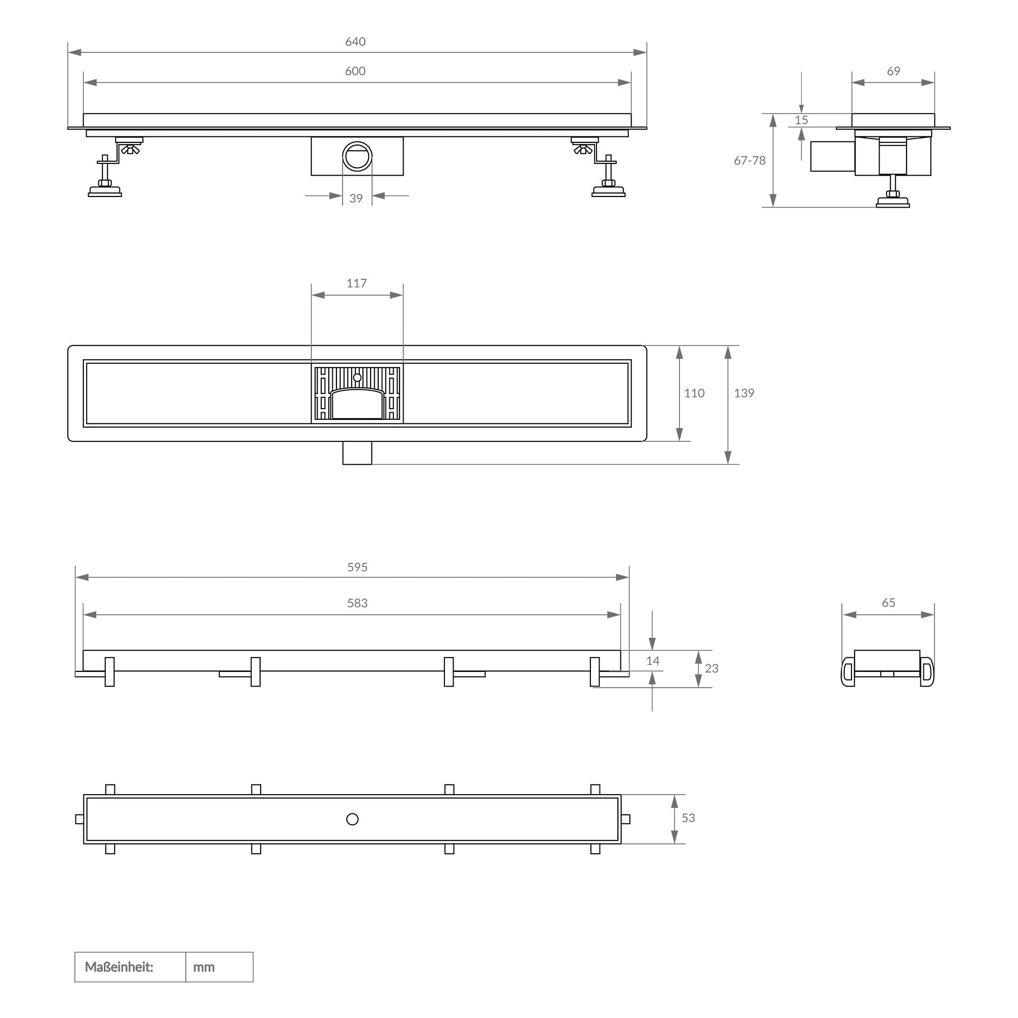 Technische tekening met afmetingen van een product, afmetingen in millimeters.