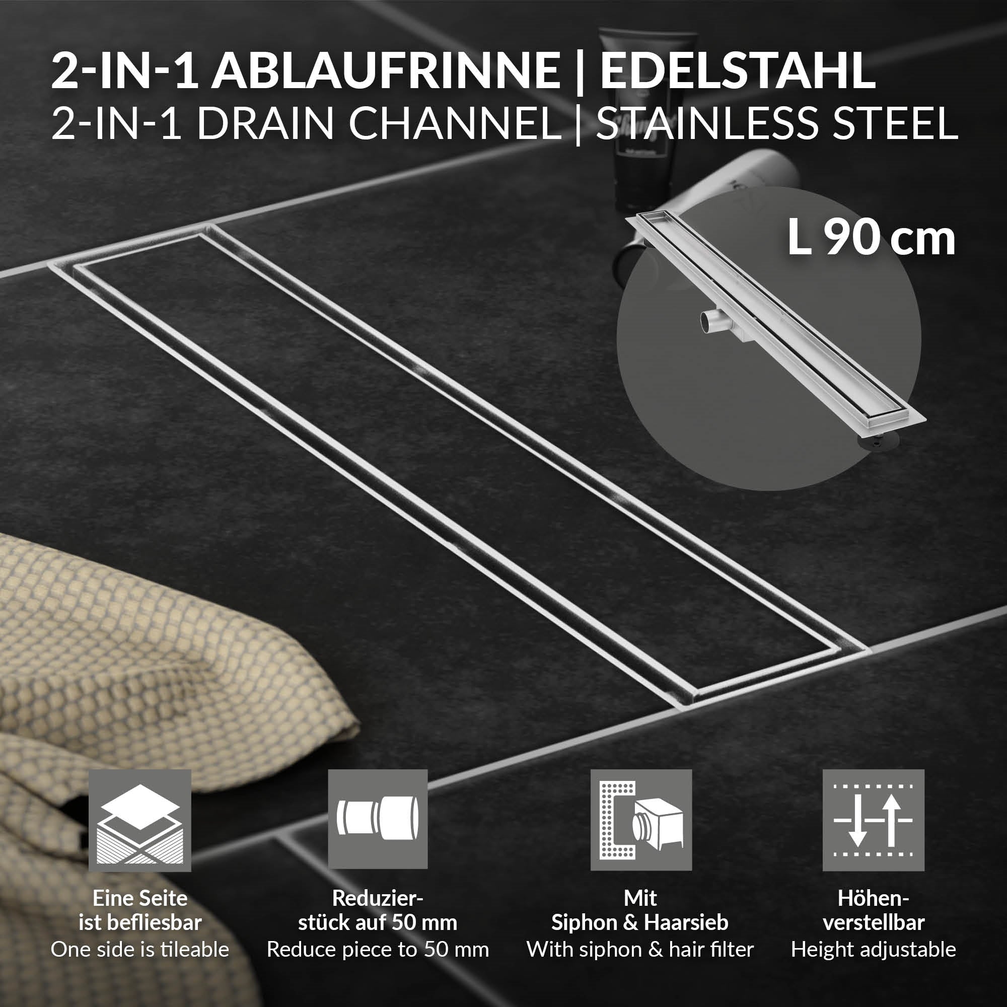 Canale di scarico 2-in-1 in acciaio inox, lunghezza 90 cm, con sifone regolabile in altezza.