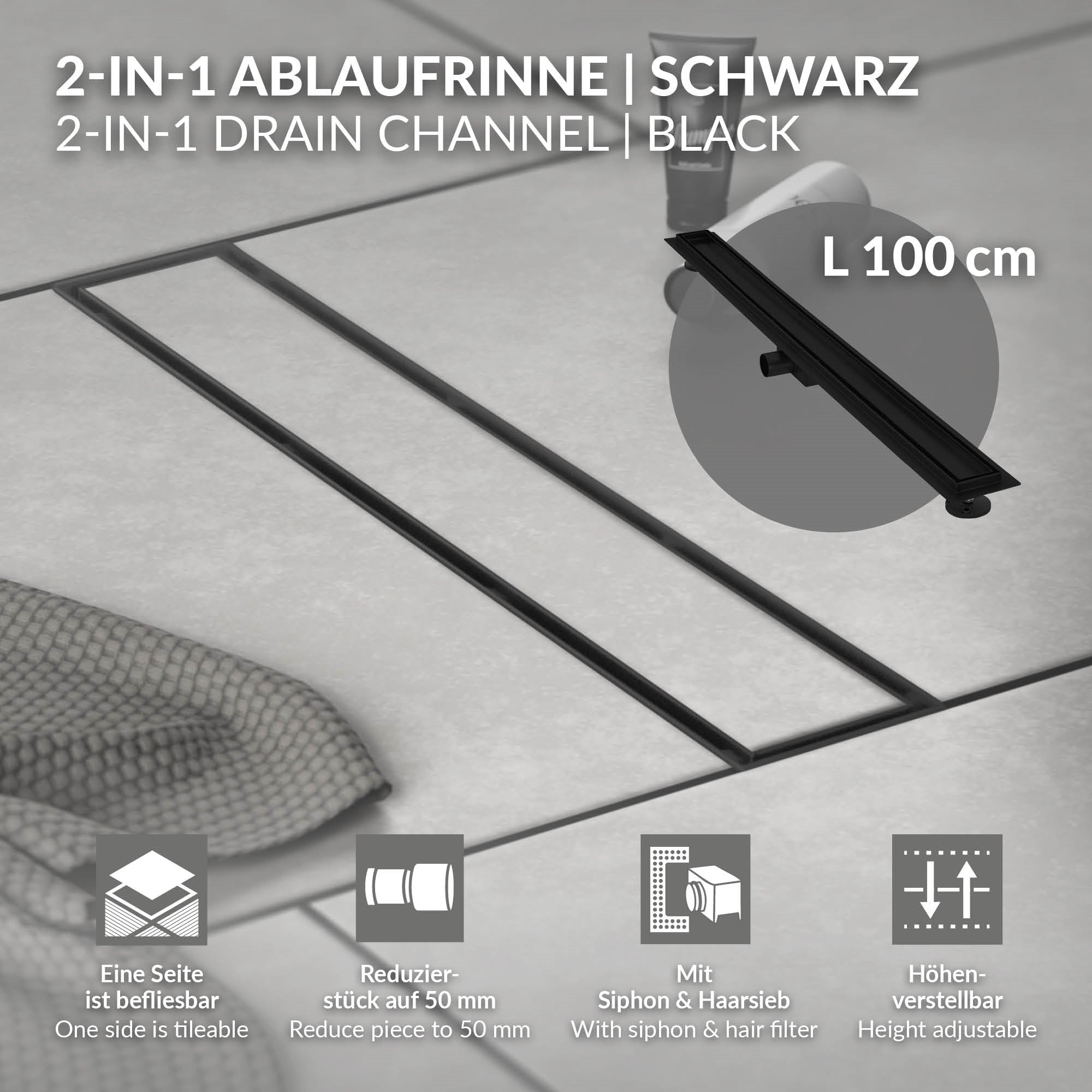 Caniveau 2-en-1 noir avec des dimensions et des accessoires.