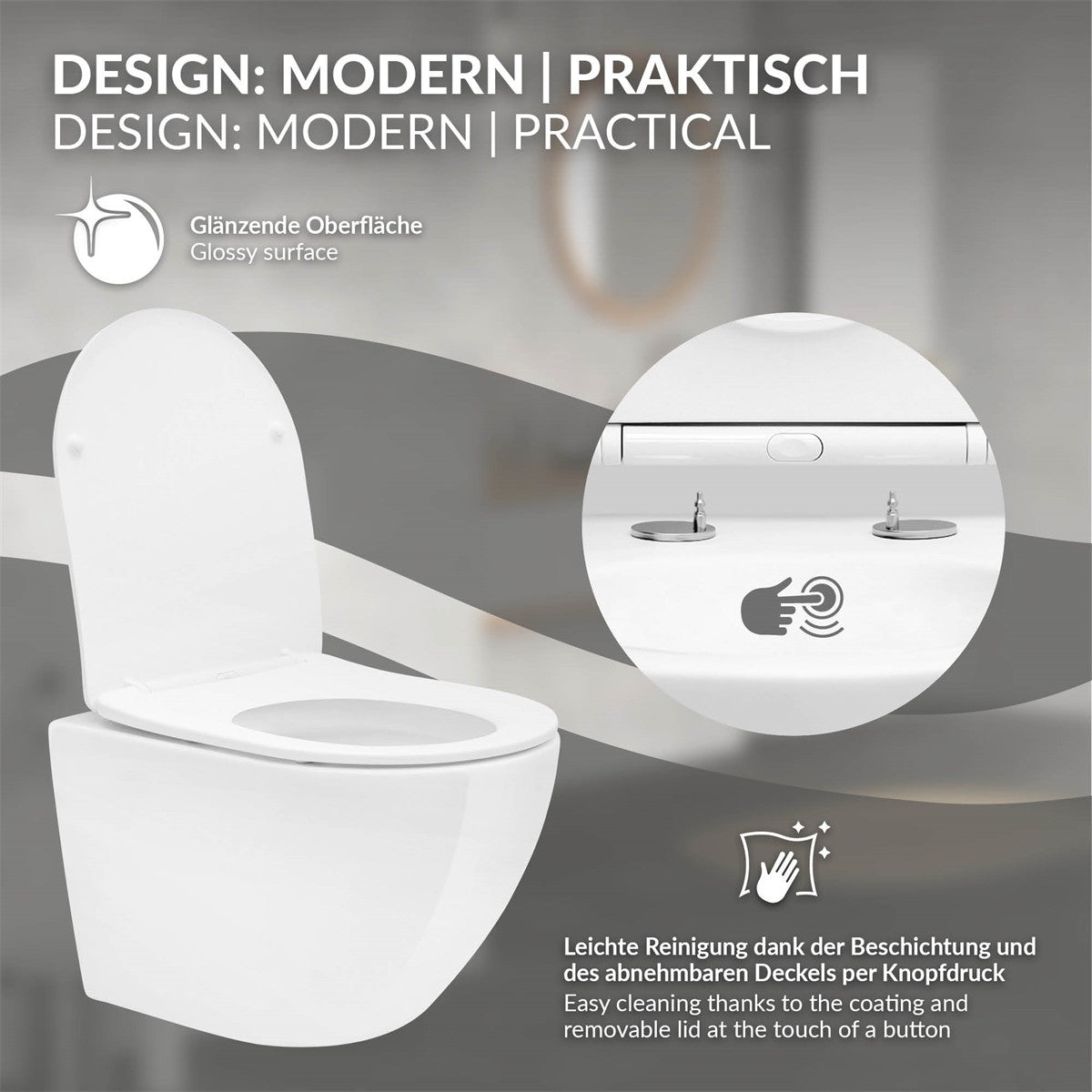 Toilette mit glänzender Oberfläche und abnehmbarem Deckel.
