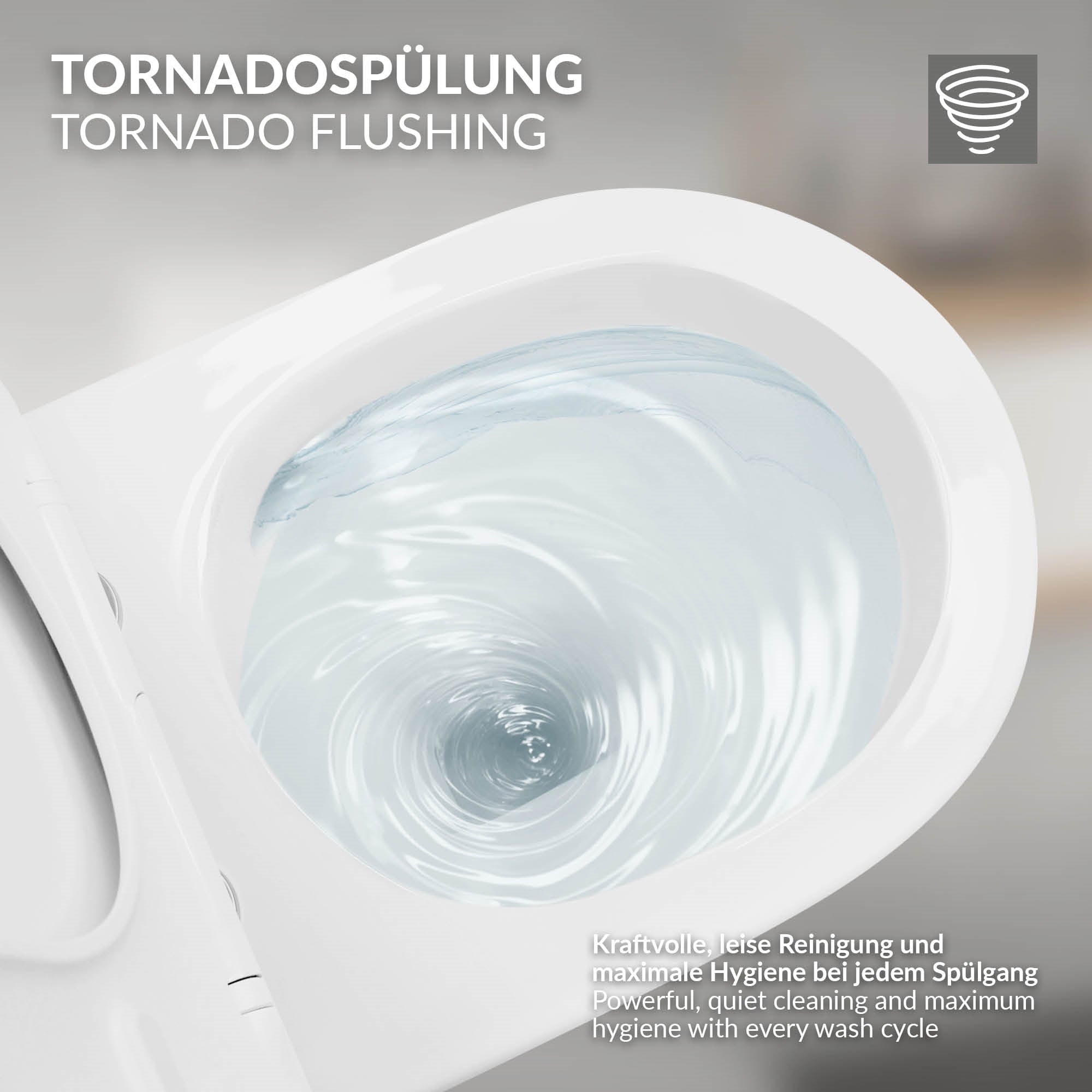 Nahaufnahme eines WC mit Tornadospülung und Wasserwirbel.