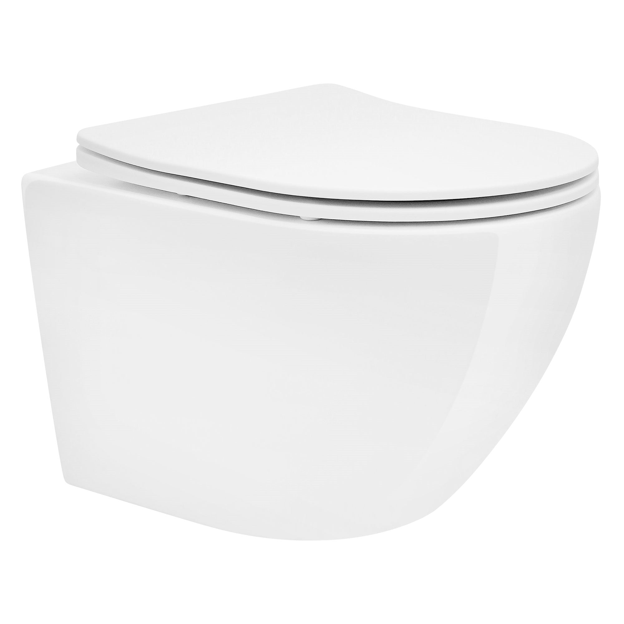 WC a parete di colore bianco, design moderno, senza bordo di scarico visibile.