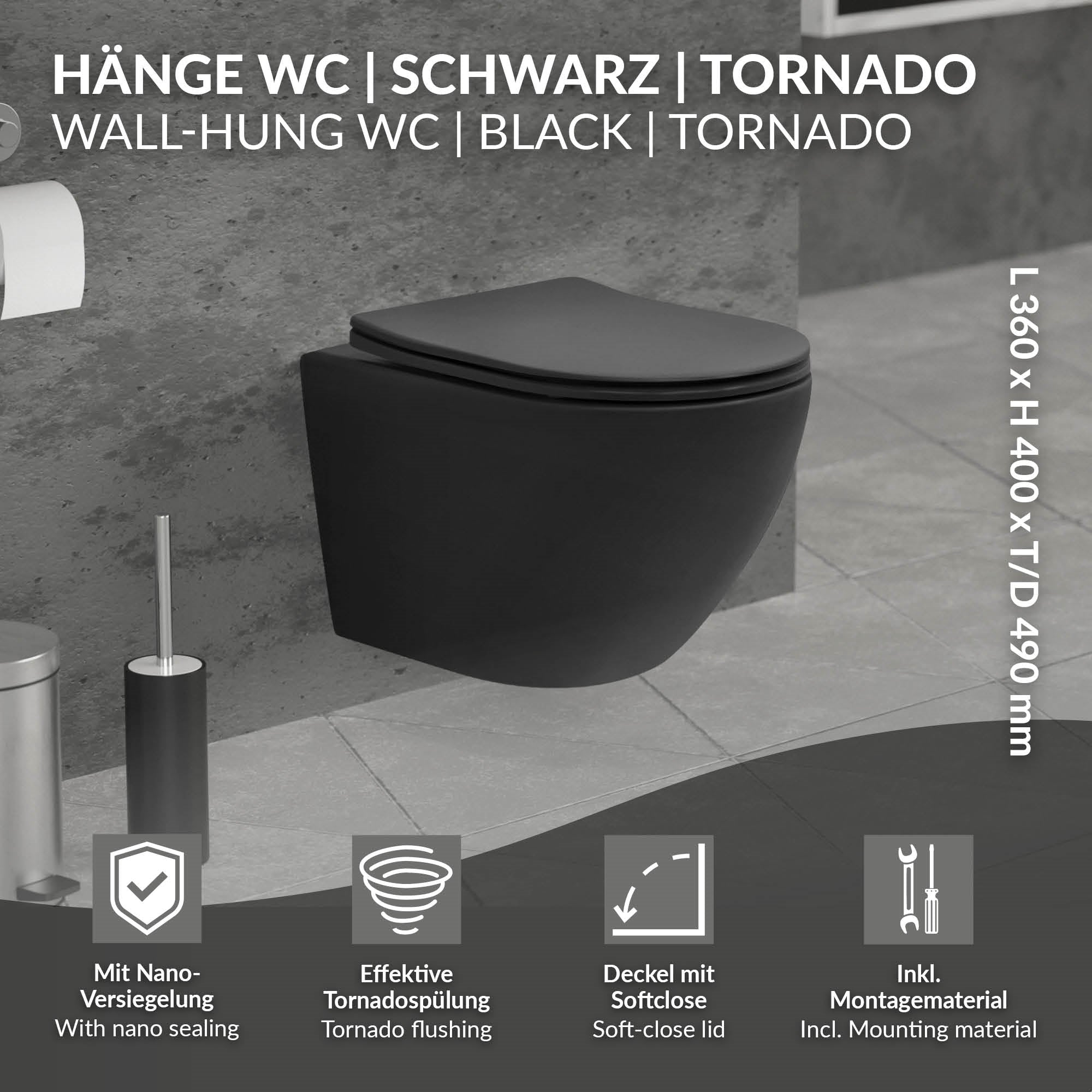 WC a parete nero con rivestimento nano e funzione Softclose.