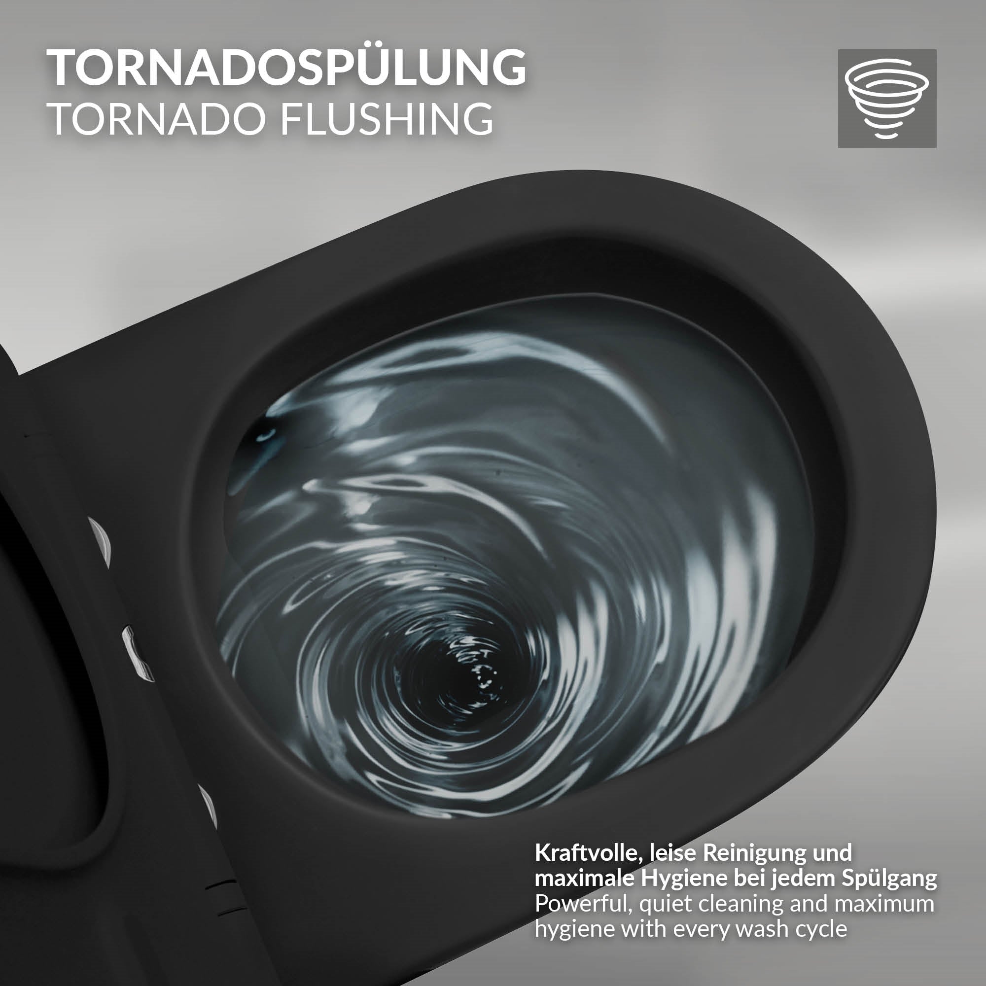 Grafik zur Tornadospülung mit Wasserwirbel im WC.