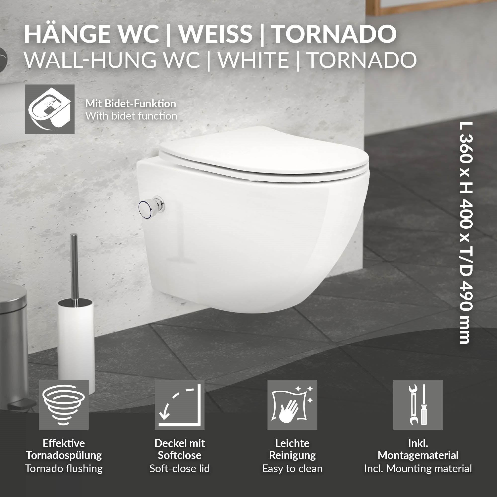 Toilette sospesa bianca con funzione bidet su pavimento piastrellato grigio.