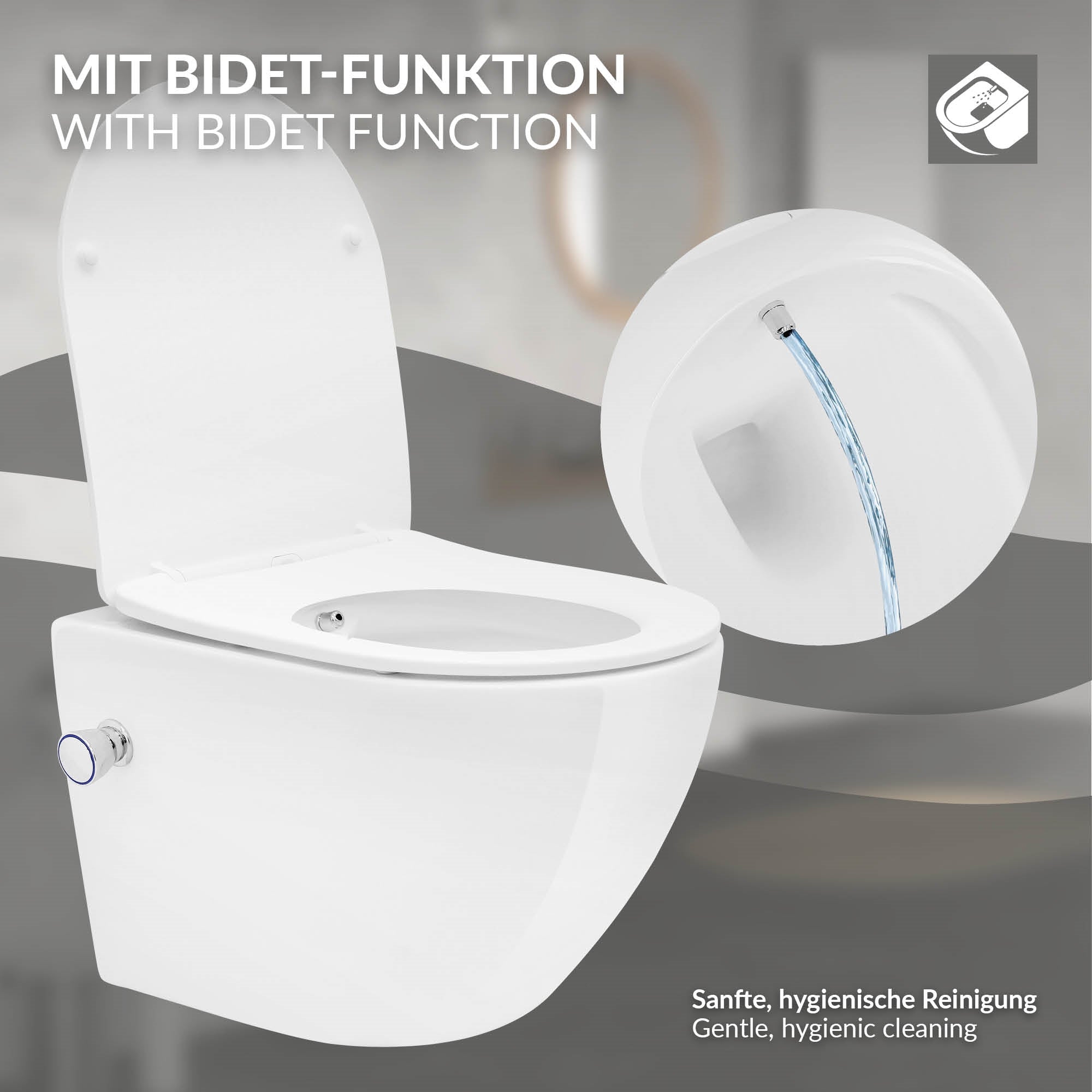 Inodoro blanco con función de bidet y conexión de agua.