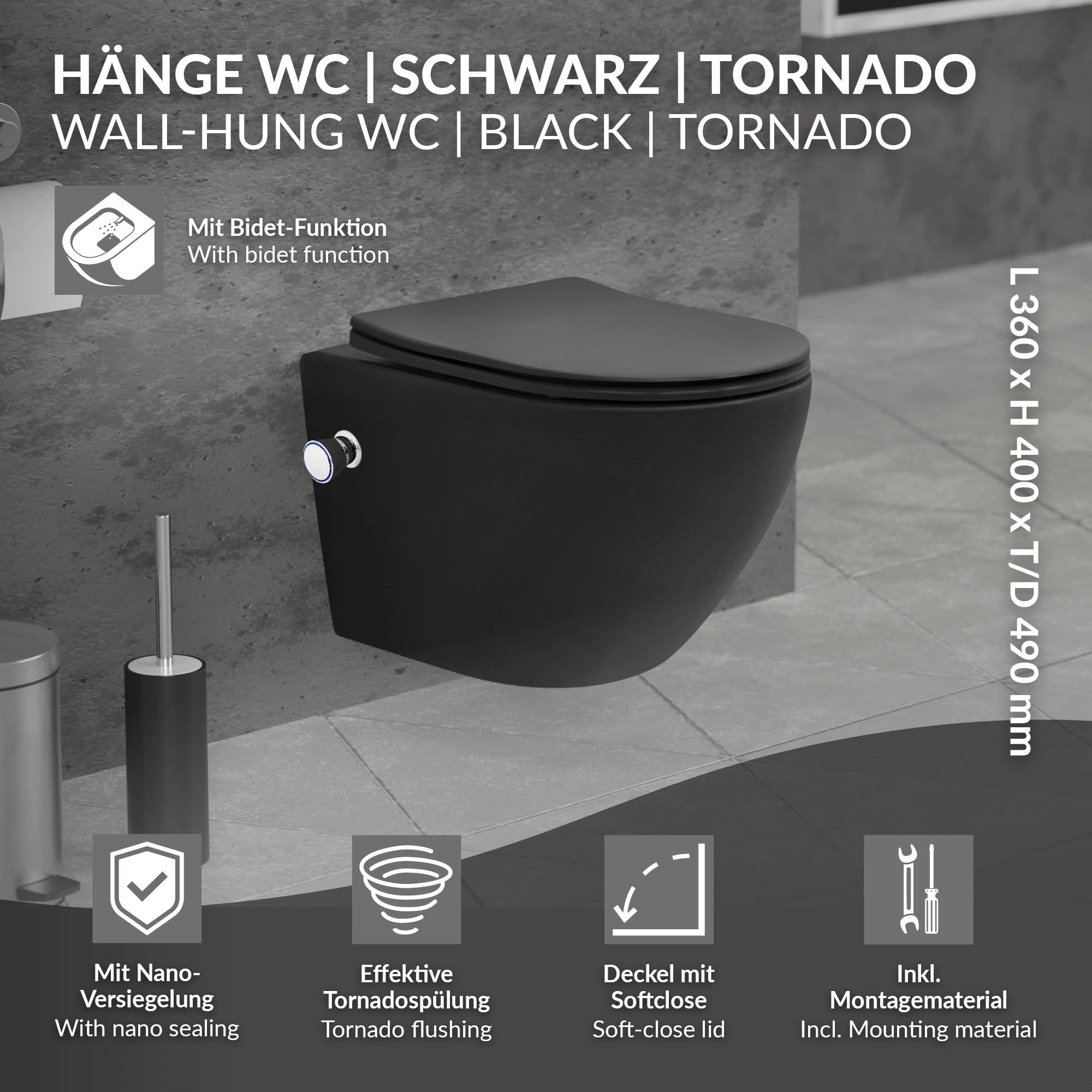 WC nero sospeso con funzione bidet e coperchio Softclose.