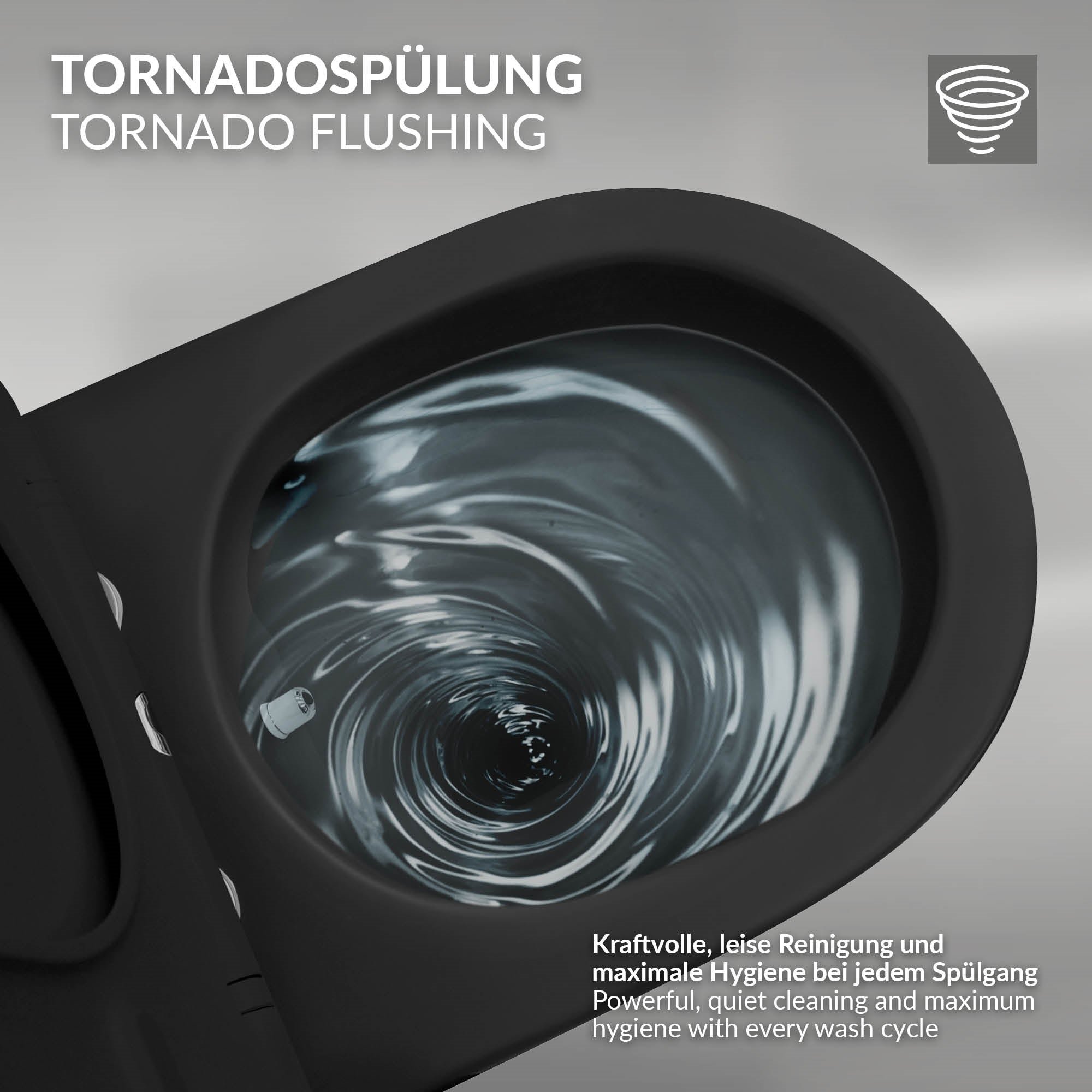 Nahaufnahme eines Toilettenbeckens mit Tornadospülung.