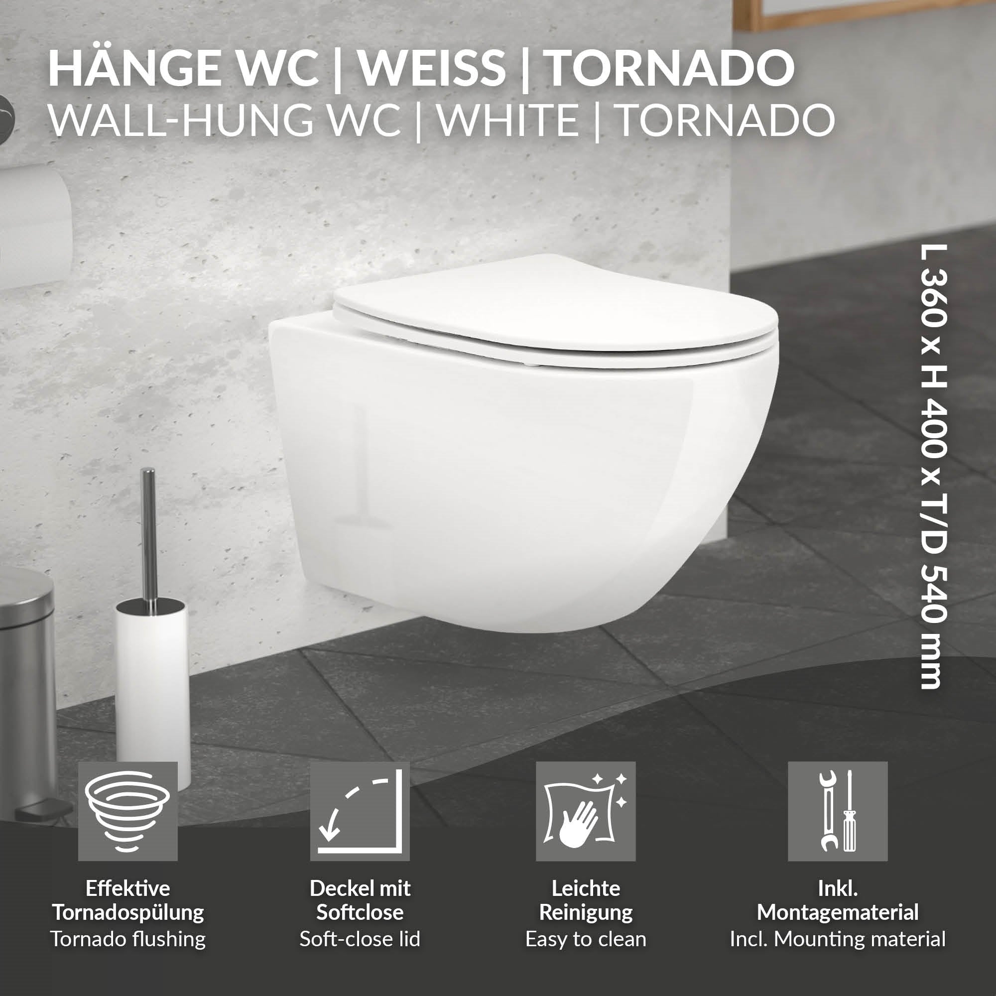 WC sospeso bianco, con dimensioni e istruzioni di montaggio.