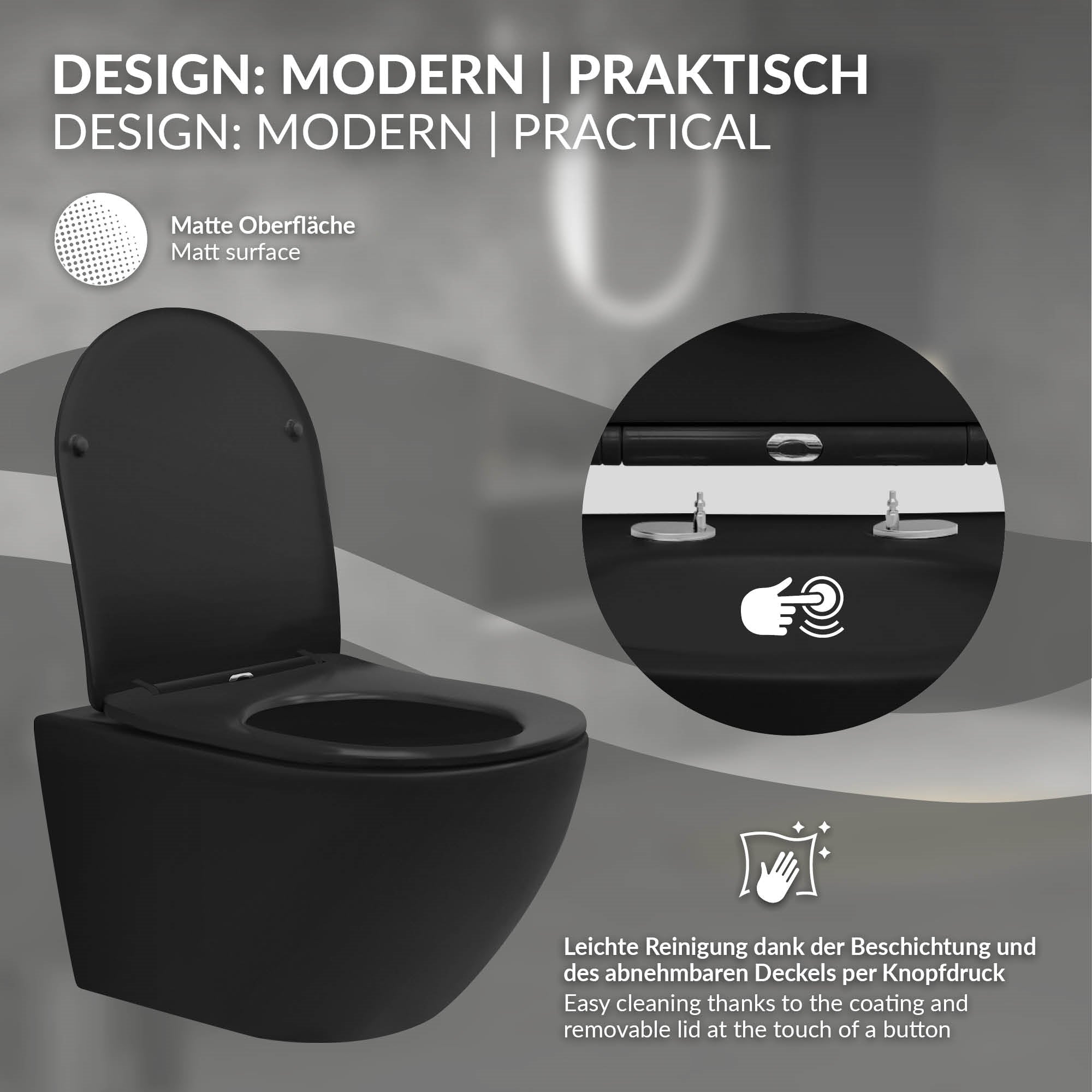 Moderne toilet i sort med aftageligt låg og rengøringsanvisninger.