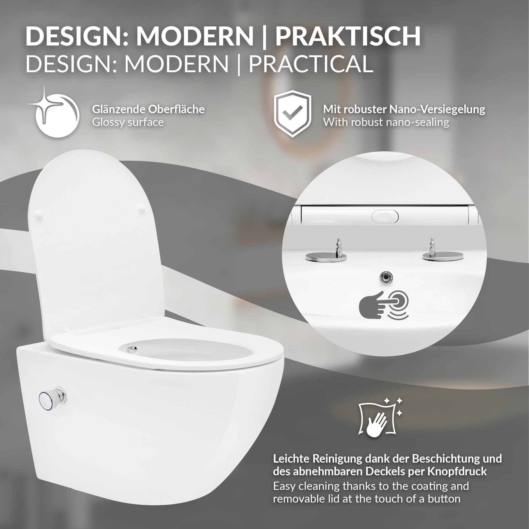 Diagram s moderními designovými prvky a snadným čištěním WC.