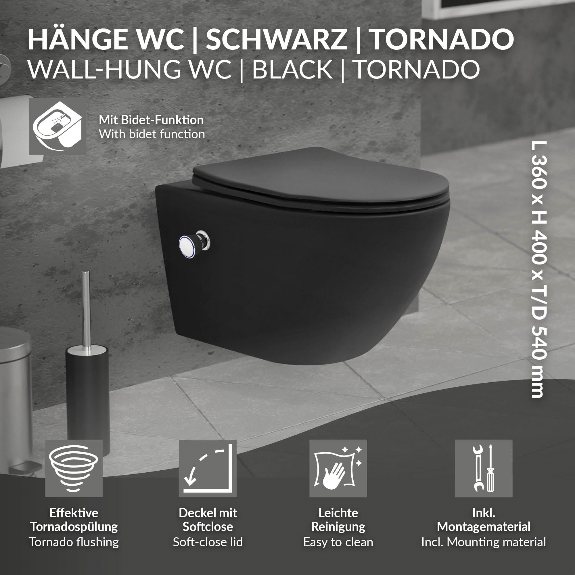 WC a parete nero con funzione bidet.