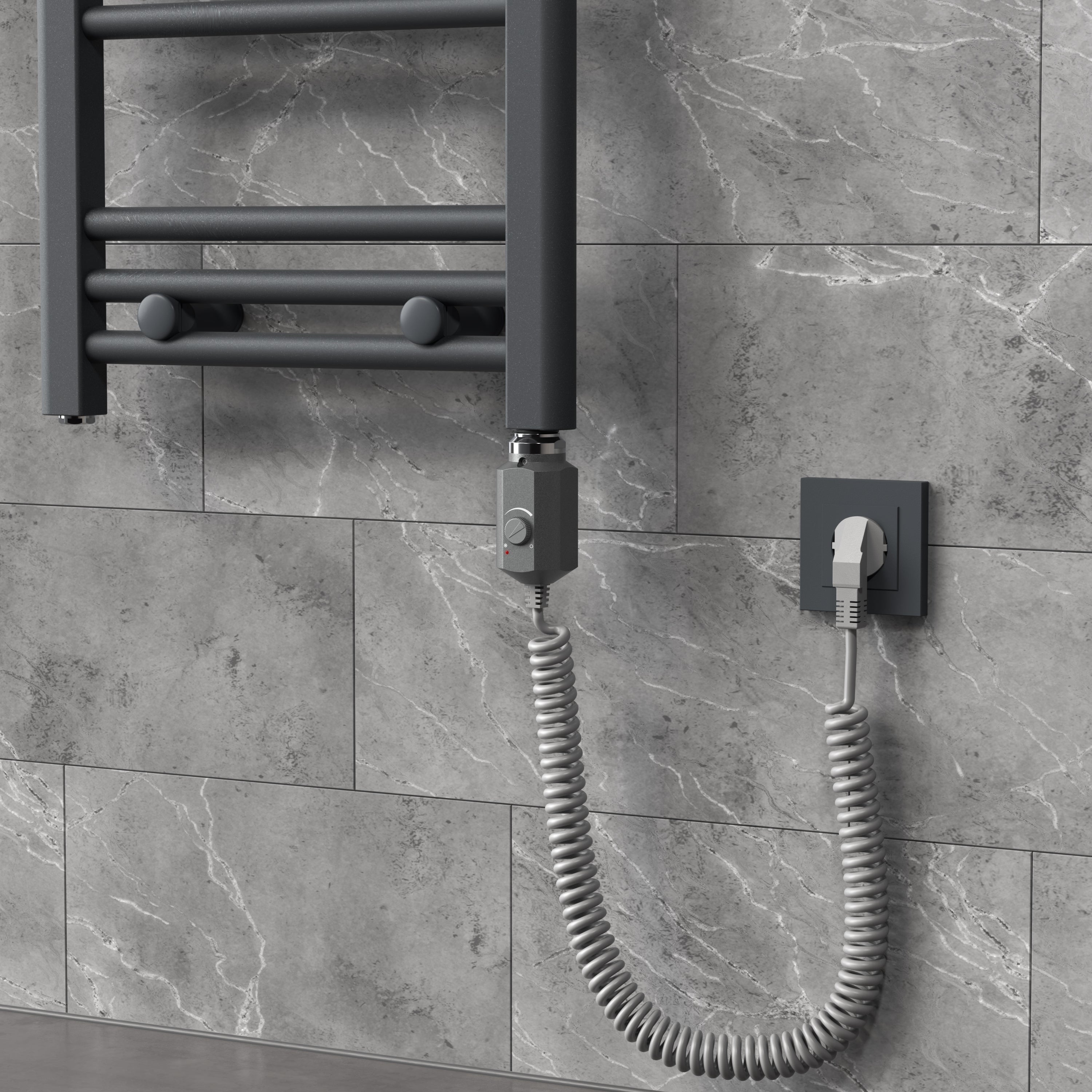 Radiatore a parete in un ambiente grigio con asta riscaldante e spina.