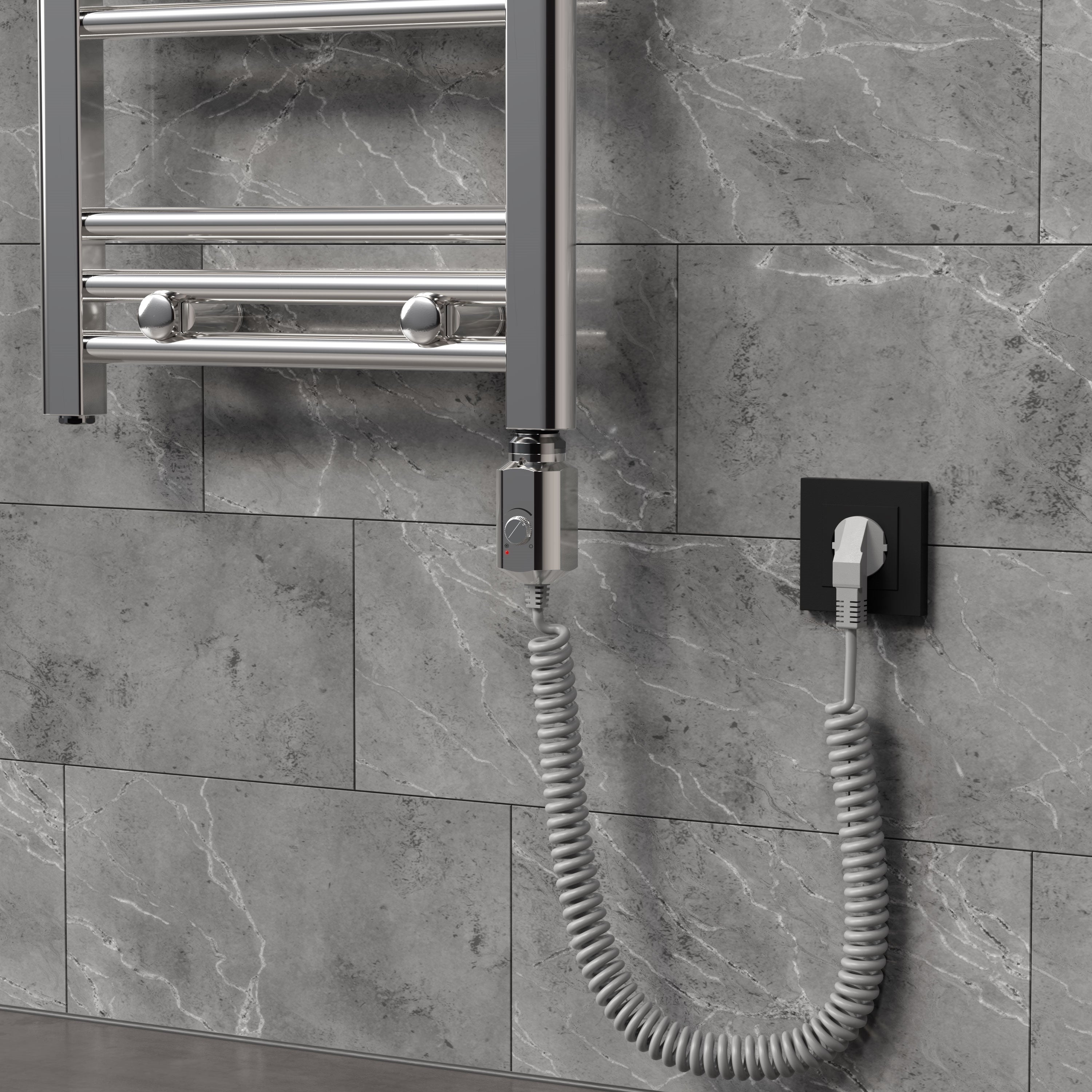 A stainless steel towel warmer on a gray wall.