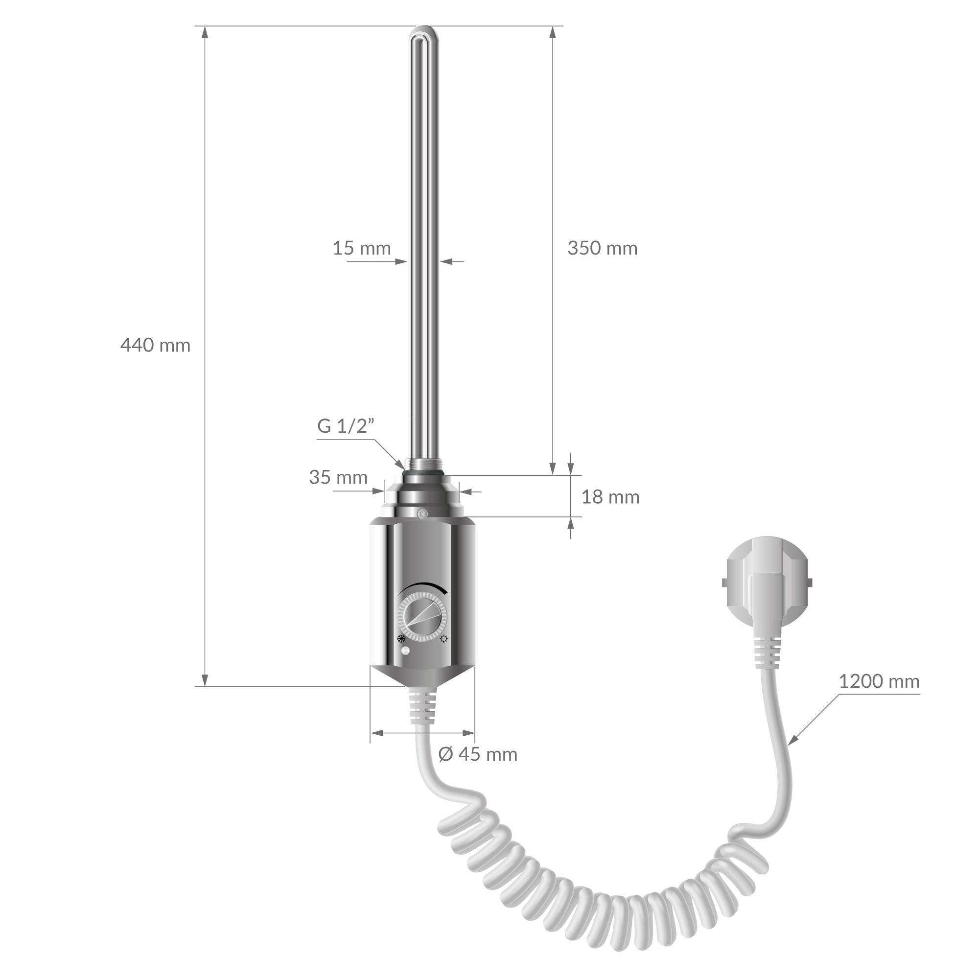 Disegno tecnico di un dispositivo con misure e cavo, alto 440 mm.