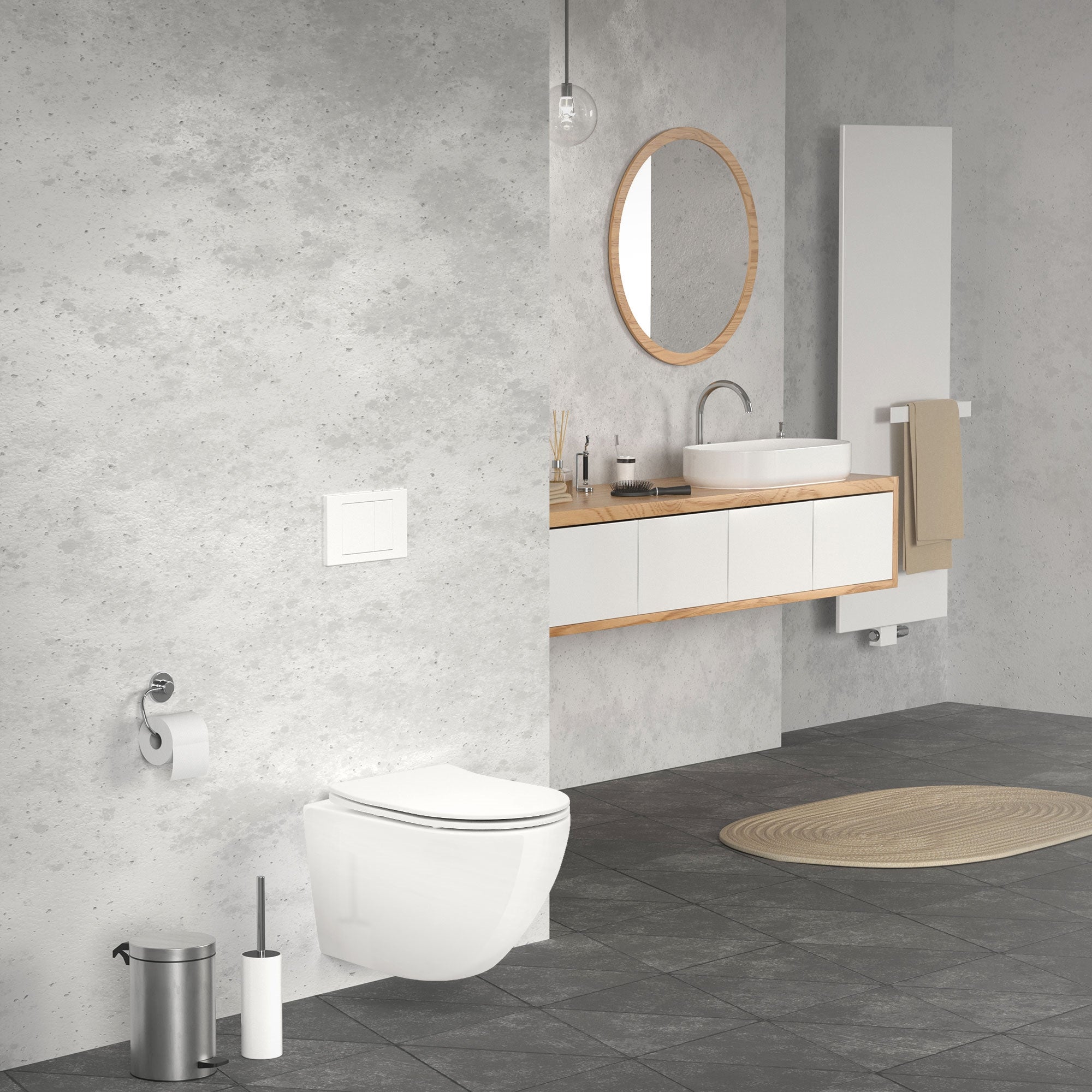 Badezimmer mit Toilette, Waschbecken und Holzregal.