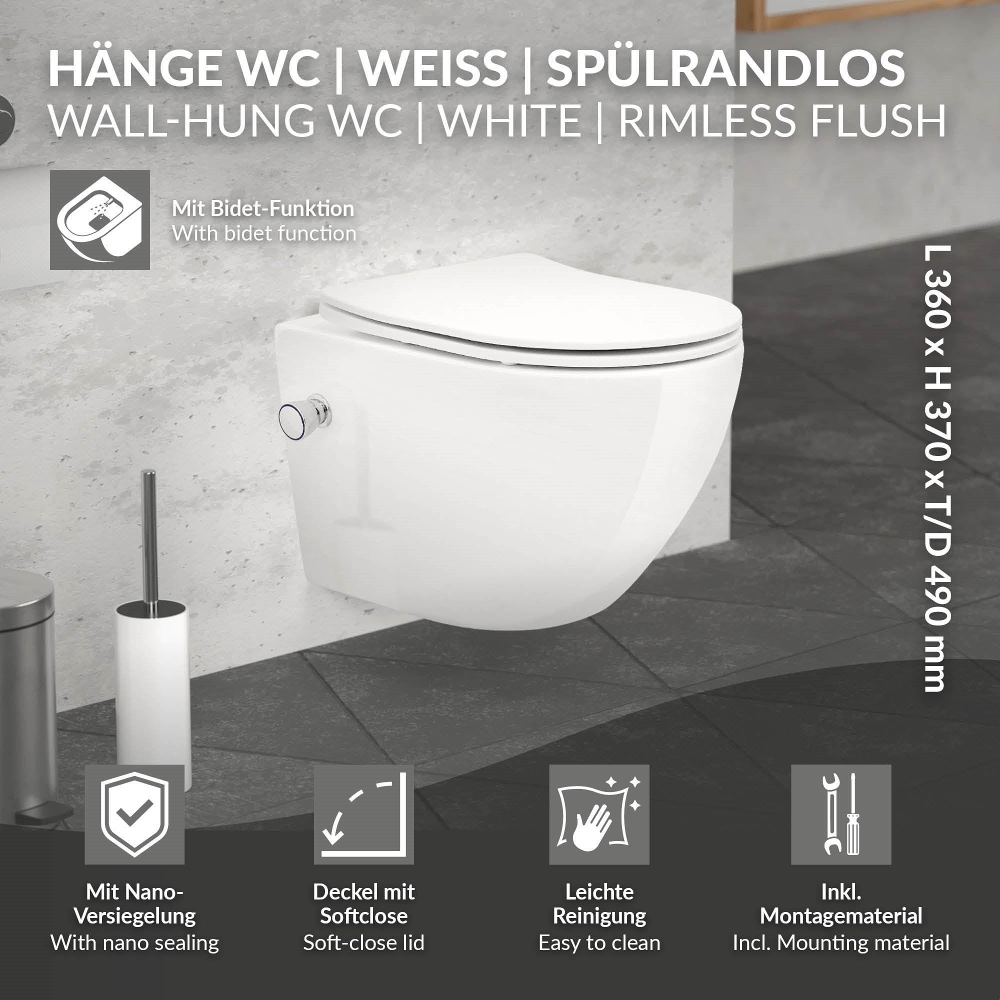 WC a parete con funzione bidet e informazioni di montaggio.