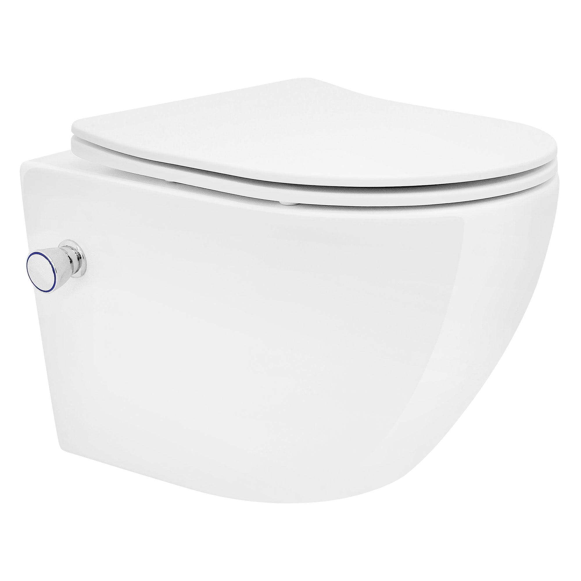 Weißes Wand-WC mit abgerundeter Form und seitlichem Betätigungsknopf.