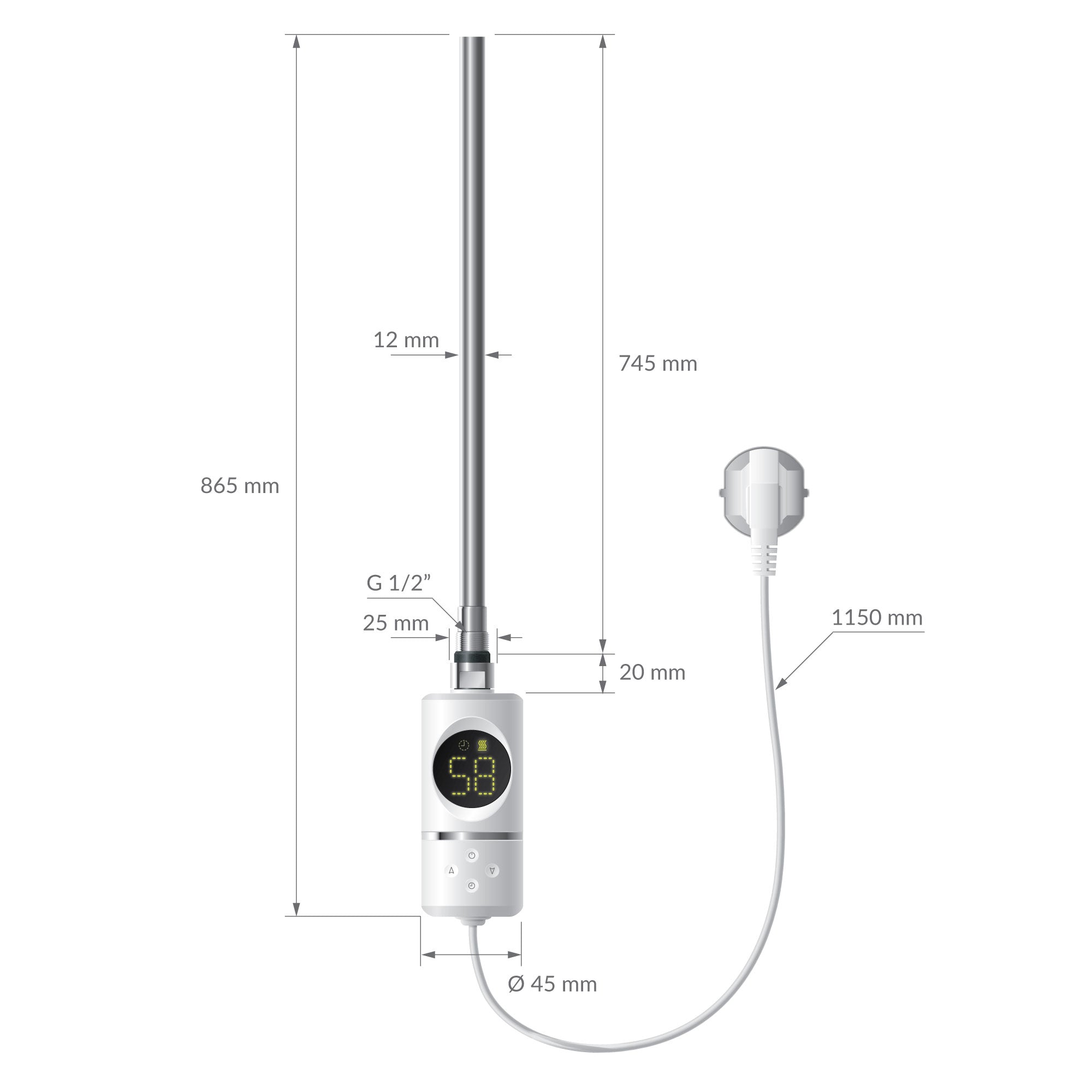 Stufa elettrica con dimensioni: 865 mm di altezza, 12 mm di diametro, attacco G 1/2.