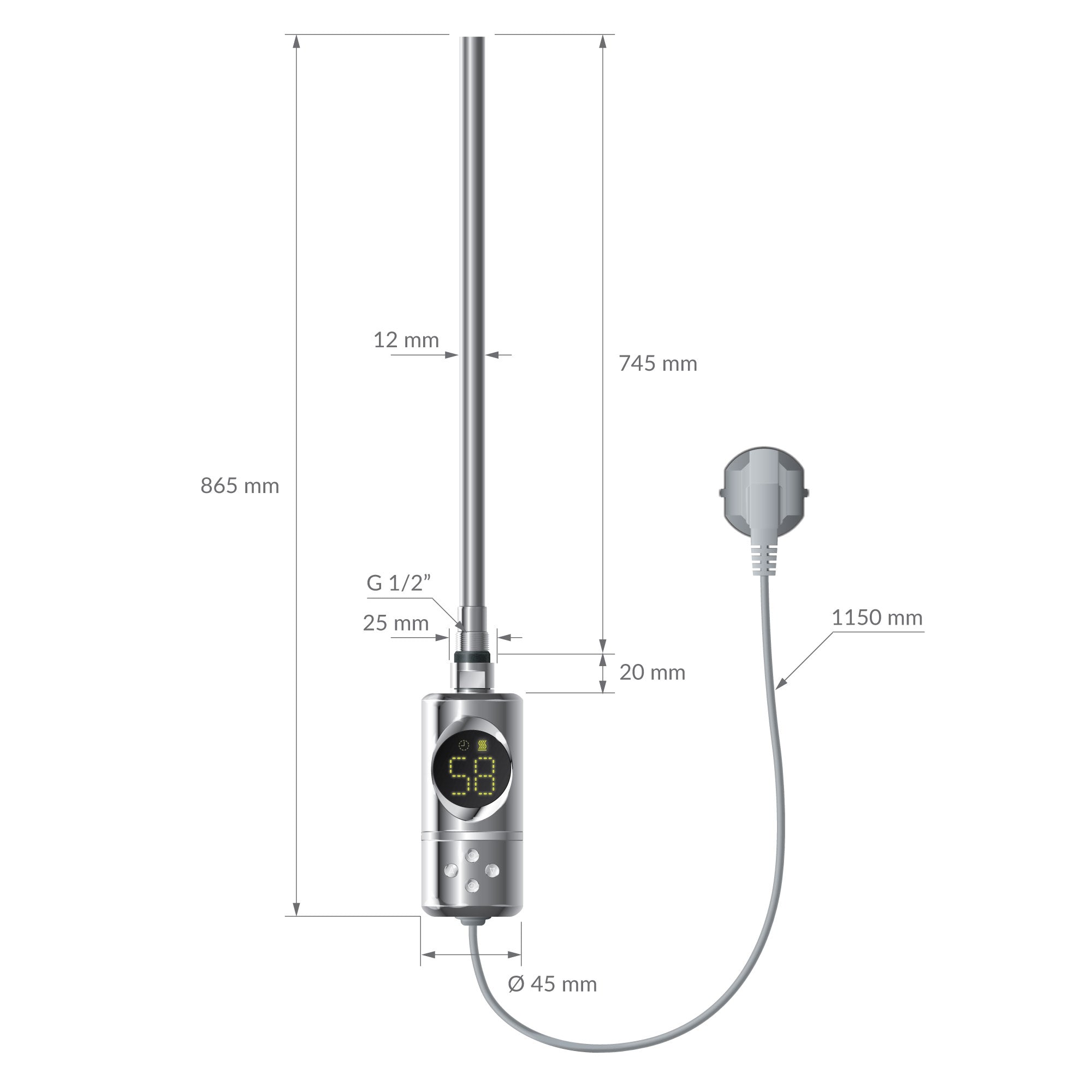 Disegno tecnico di una barra riscaldante con misure e dettagli di connessione.