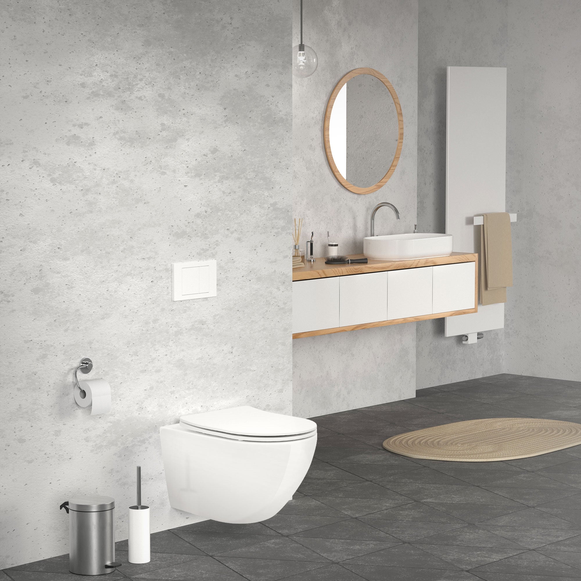 Bagno moderno con lavabo, specchio e WC.