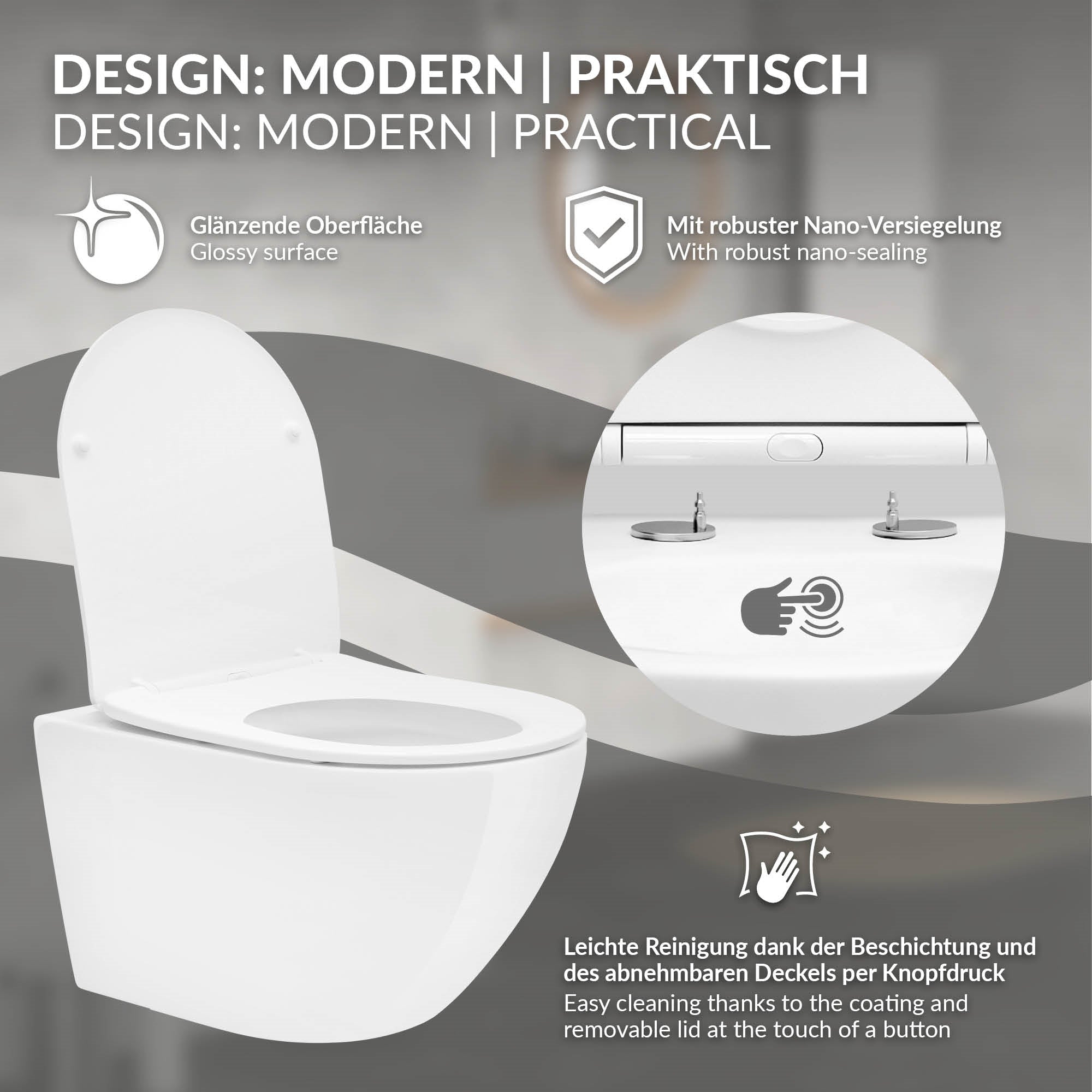 Toilette moderna con superficie lucida e copriwater rimovibile.