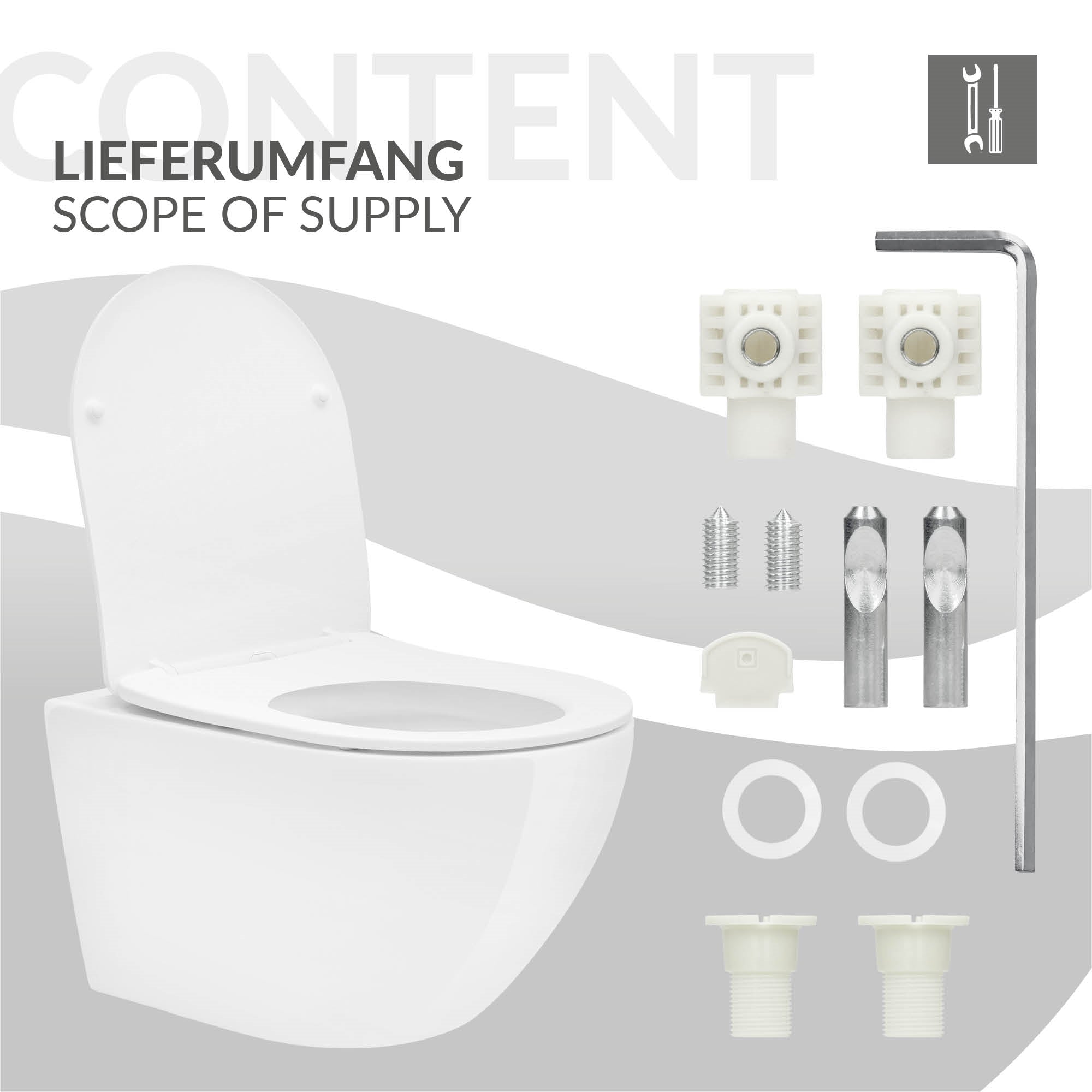 Contenuto della fornitura di una toilette con vari elementi di montaggio.